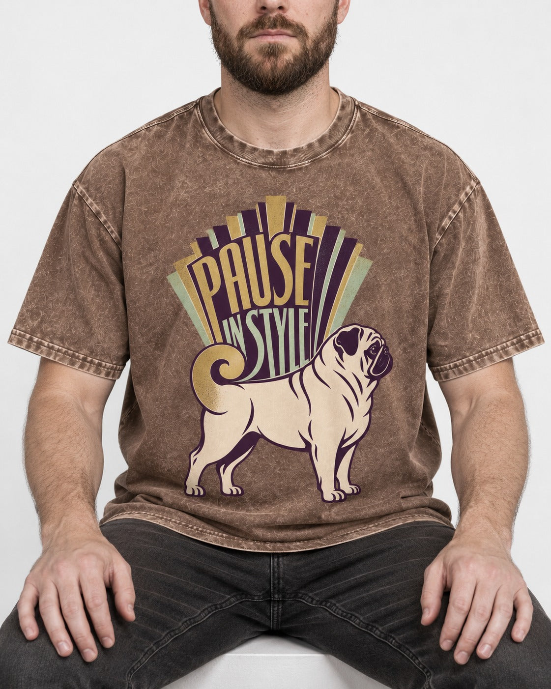 Pug Pause Washed Tee in Coffee, worn by a seated model