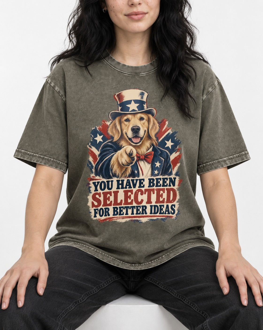 You Have Been Selected for Better Ideas Uncle Sam Golden Retriever Graphic Washed Tee in Army Green, worn by a seated model