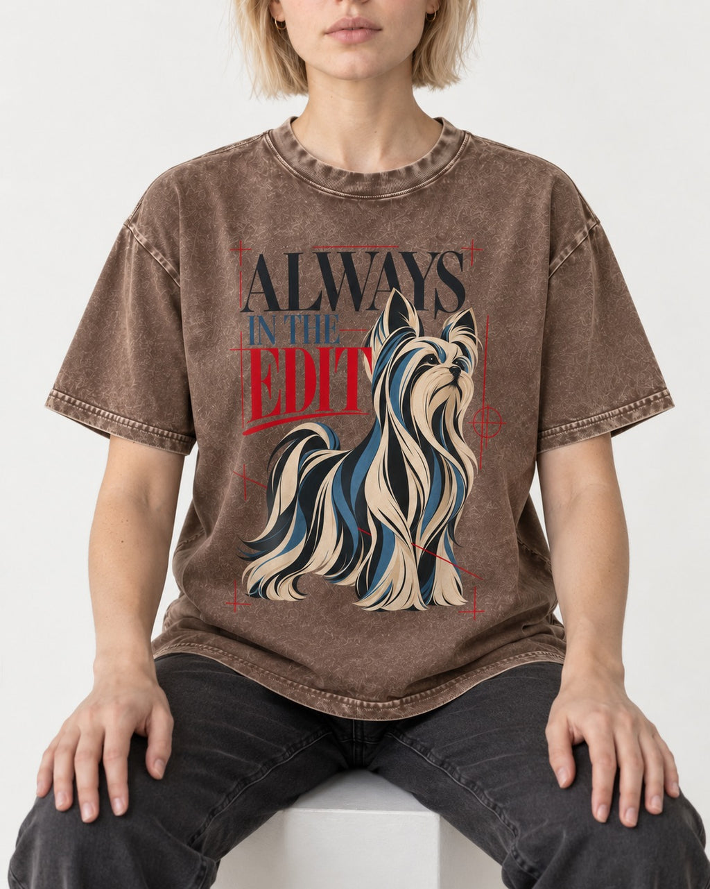 Always in the Edit Yorkshire Terrier Washed Tee in Coffee, worn by a seated model
