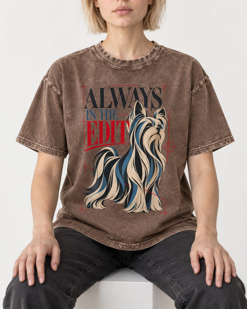 Always in the Edit Yorkshire Terrier Washed Tee in Coffee, worn by a seated model