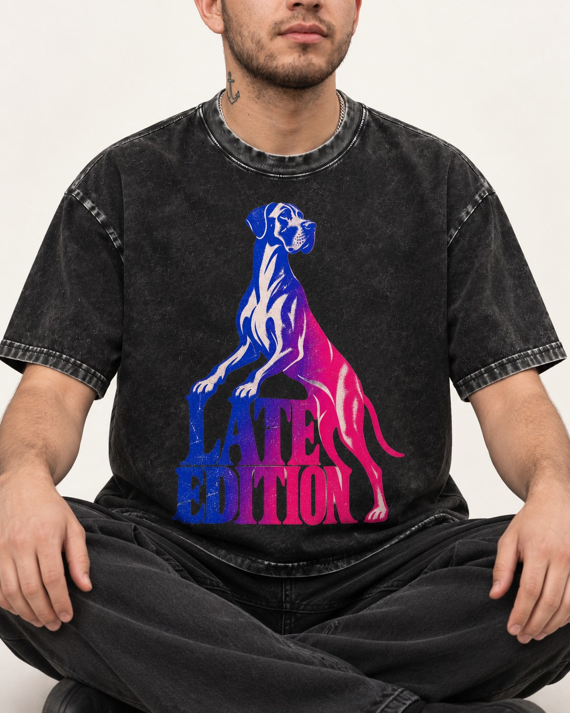 Great Dane Latest Edition Gradient Graphic Washed Tee in Black, worn by a seated model