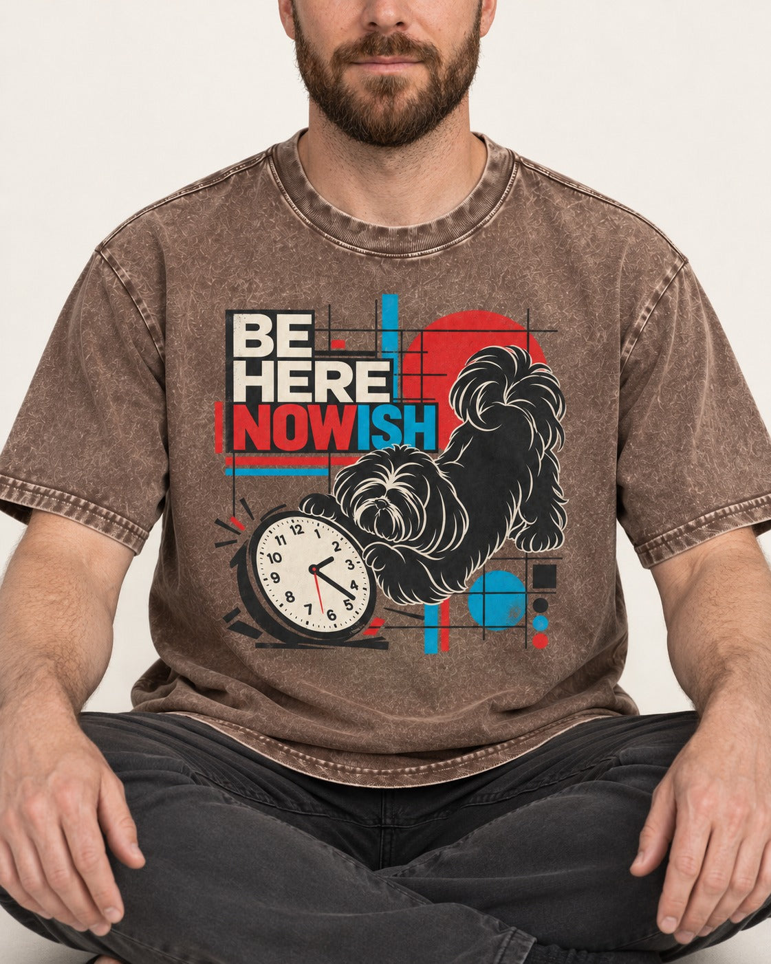 Be Here Nowish Shih Tzu Washed Tee in Coffee, worn by a seated model