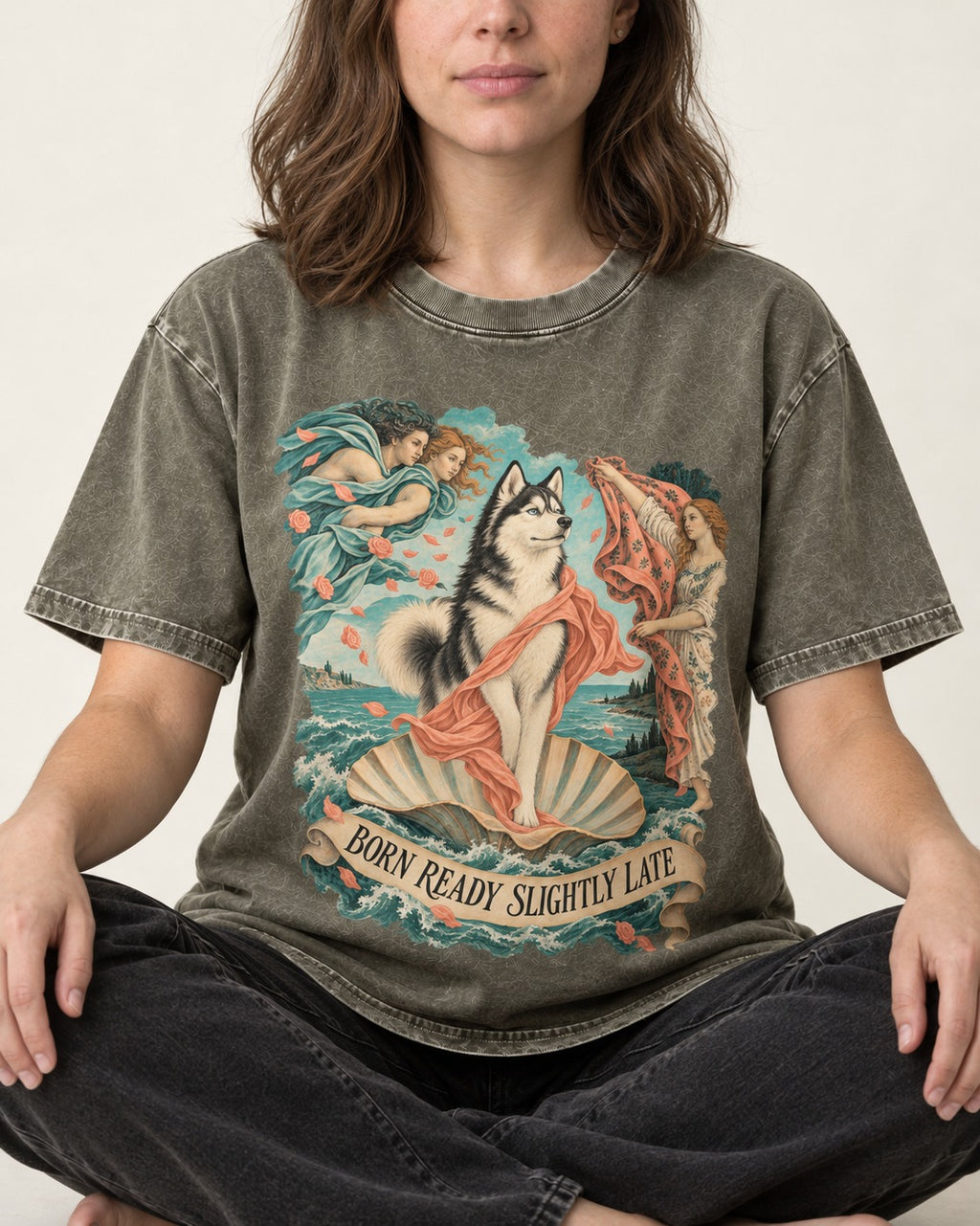 Husky Born Ready Slightly Late Renaissance Graphic Washed Tee in Army Green, worn by a seated model
