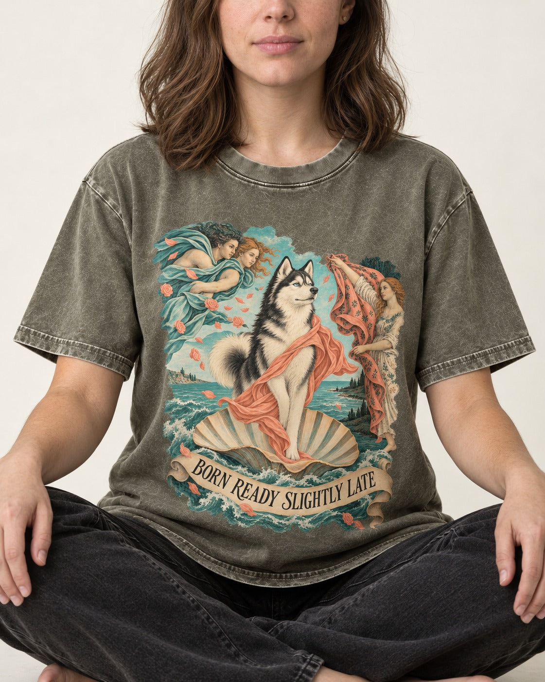 Husky Born Ready Slightly Late Renaissance Graphic Washed Tee in Army Green, worn by a seated model