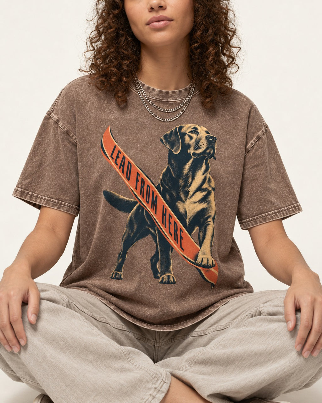 Lead From Here Labrador Retriever Washed Tee in Coffee, worn by a seated model