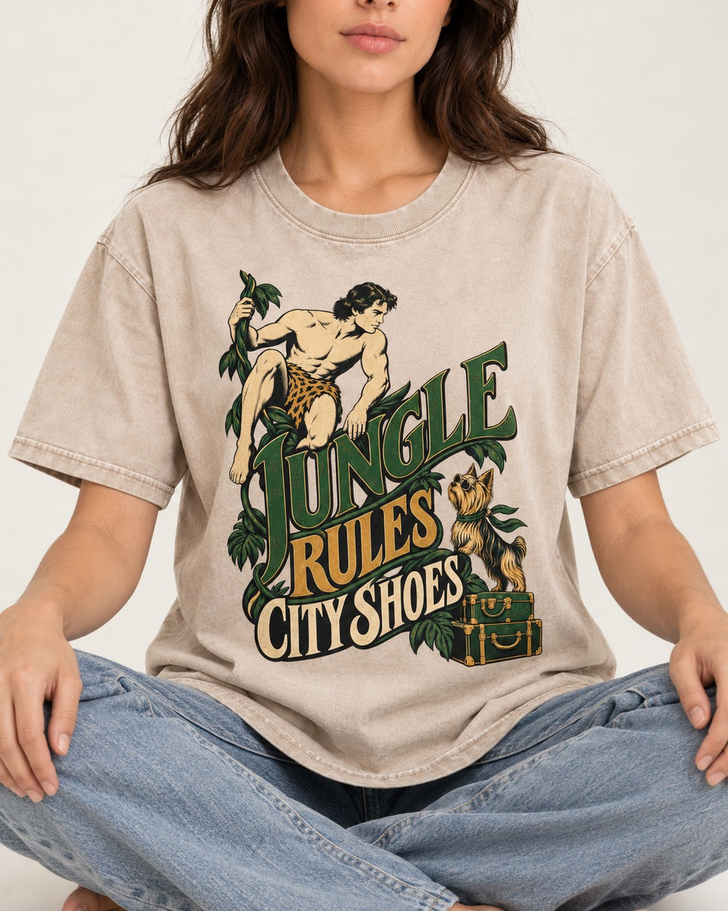 Jungle Rules City Shoes Yorkshire Terrier Washed Tee in Apricot, worn by a seated model
