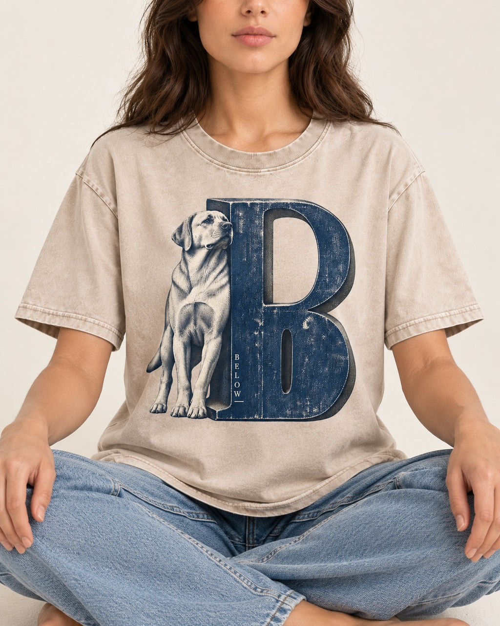 Labrador Retriever Below Washed Tee in Apricot, worn by a seated model