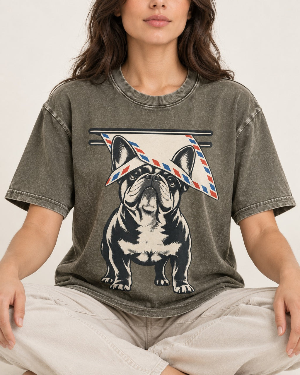 Frenchie Mail Slot Intercept Graphic Washed Tee in Army Green, worn by a seated model