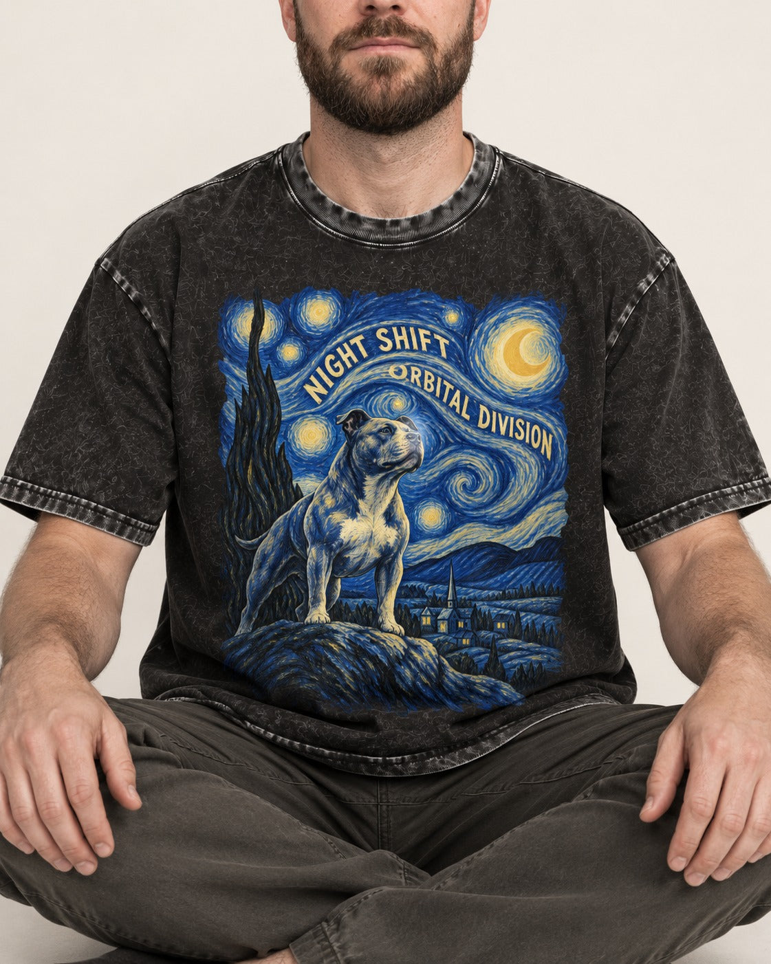 Pitbull Night Shift Orbital Division Starry Night Graphic Washed Tee in Black, worn by a seated model
