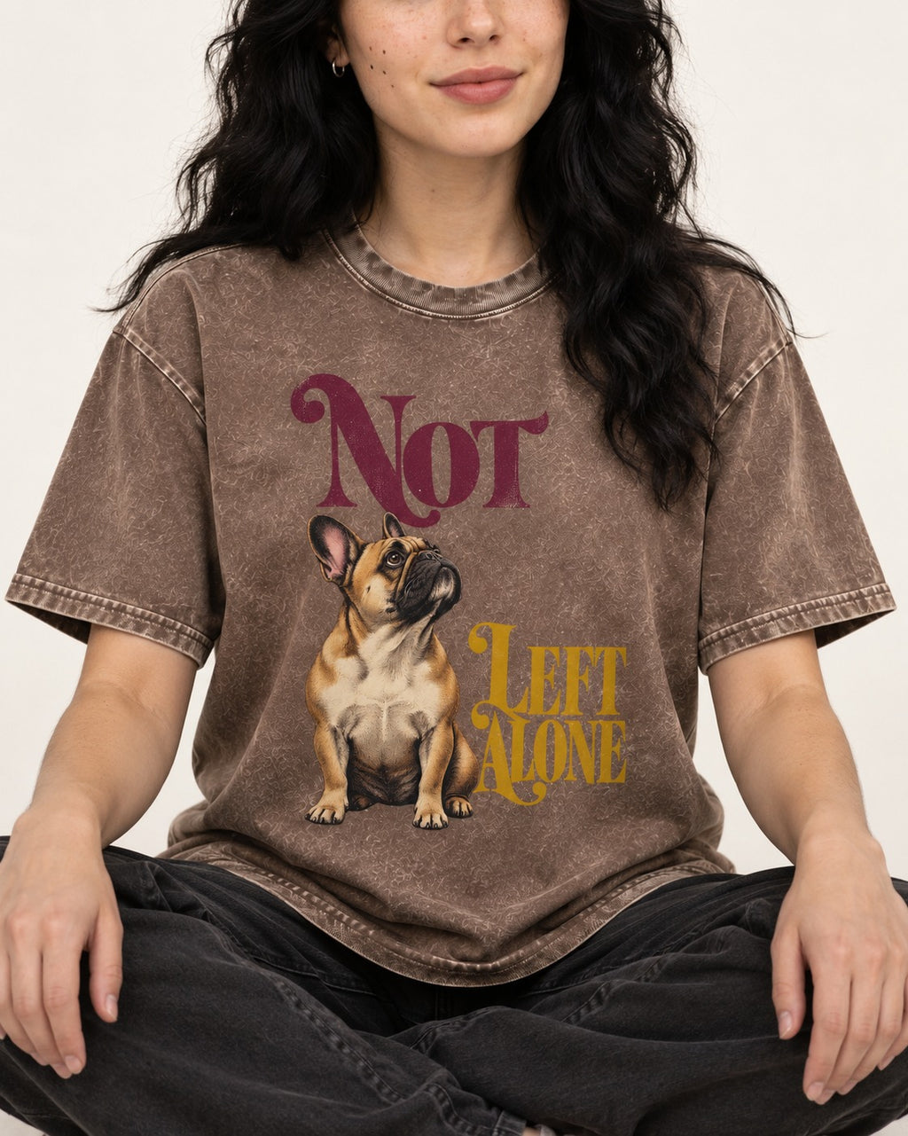 Frenchie Not Left Alone Washed Tee in Coffee, worn by a seated model