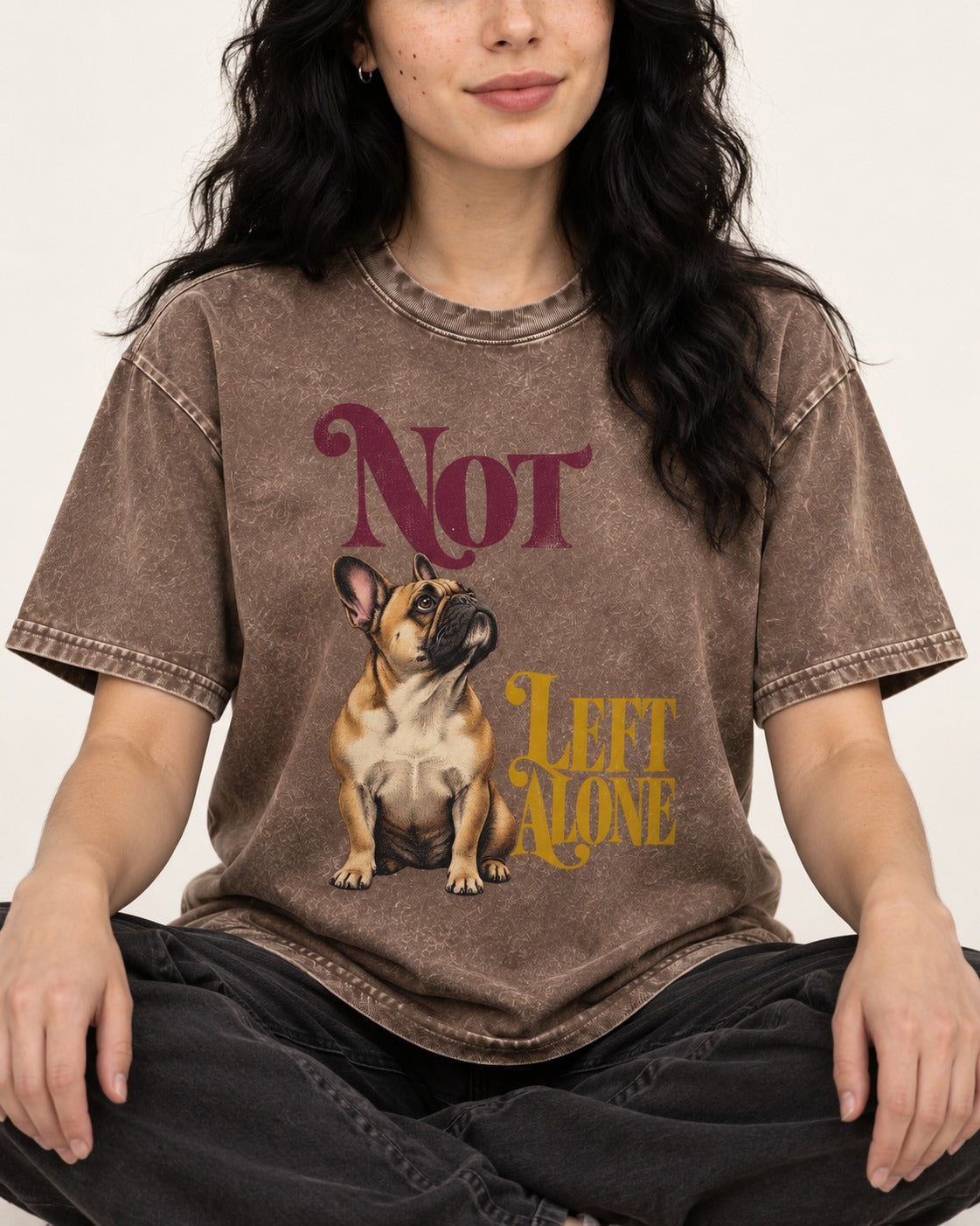 Frenchie Not Left Alone Washed Tee in Coffee, worn by a seated model