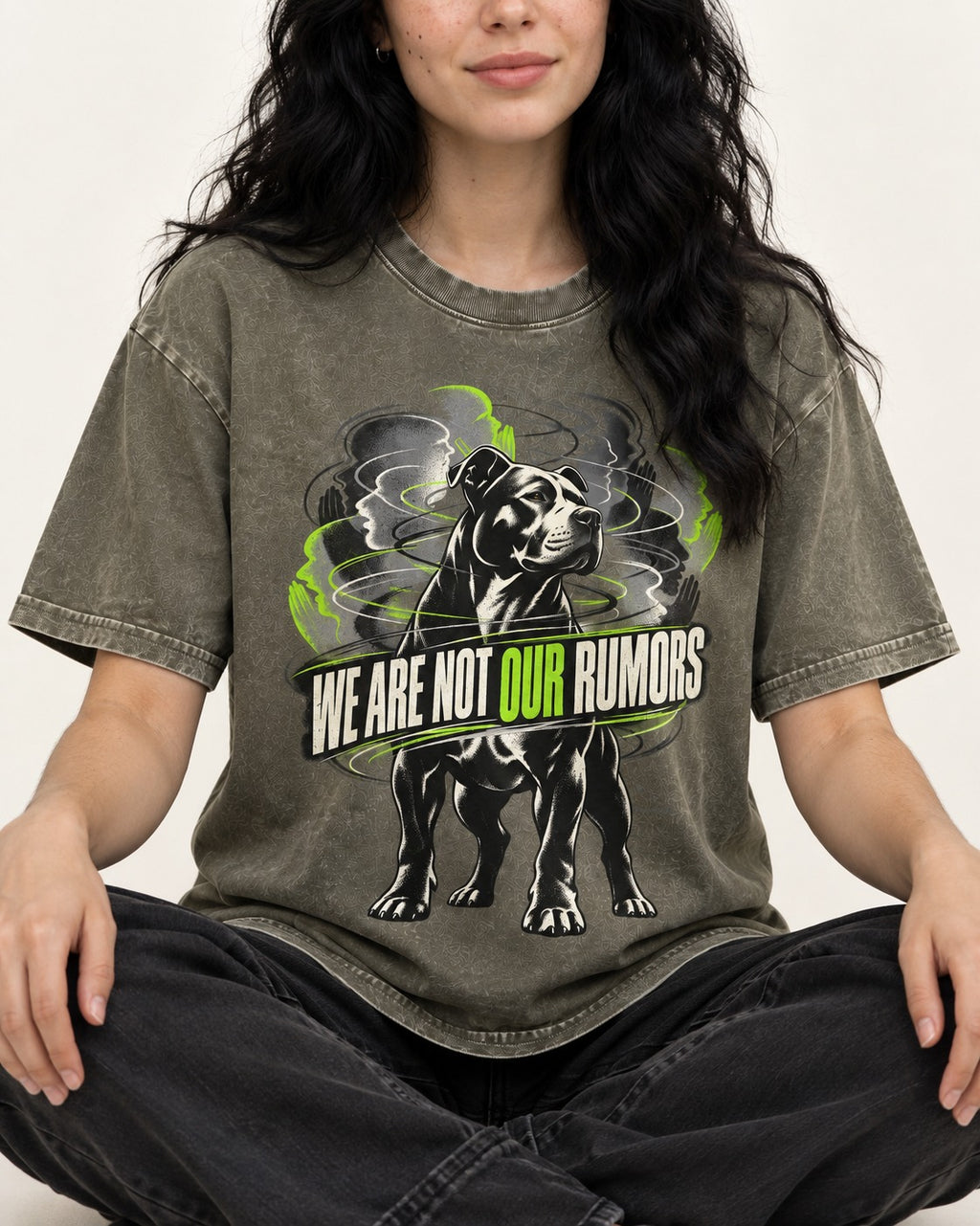Pitbull We Are Not Our Rumors Swirling Voices Graphic Washed Tee in Army Green, worn by a seated model