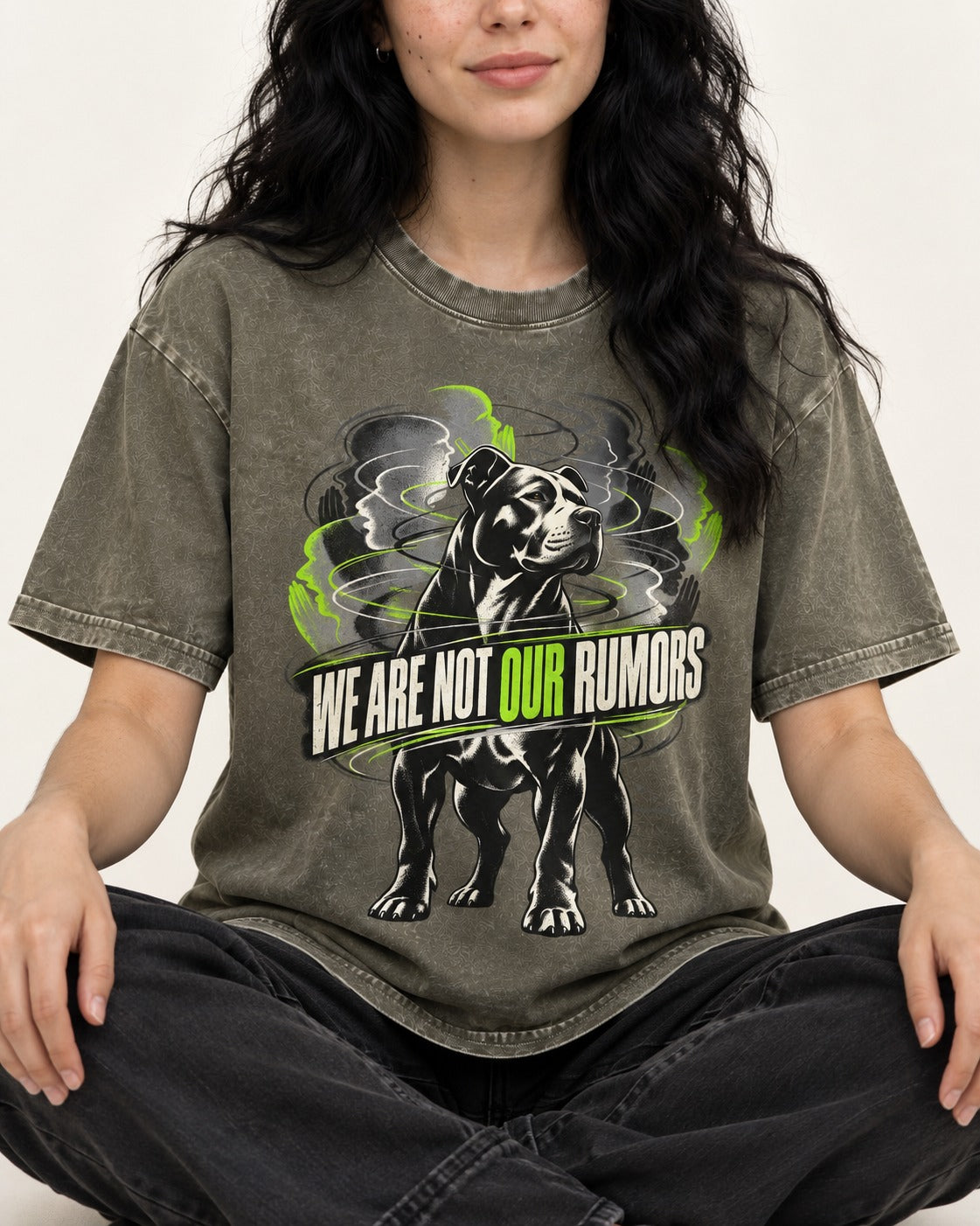 Pitbull We Are Not Our Rumors Swirling Voices Graphic Washed Tee in Army Green, worn by a seated model
