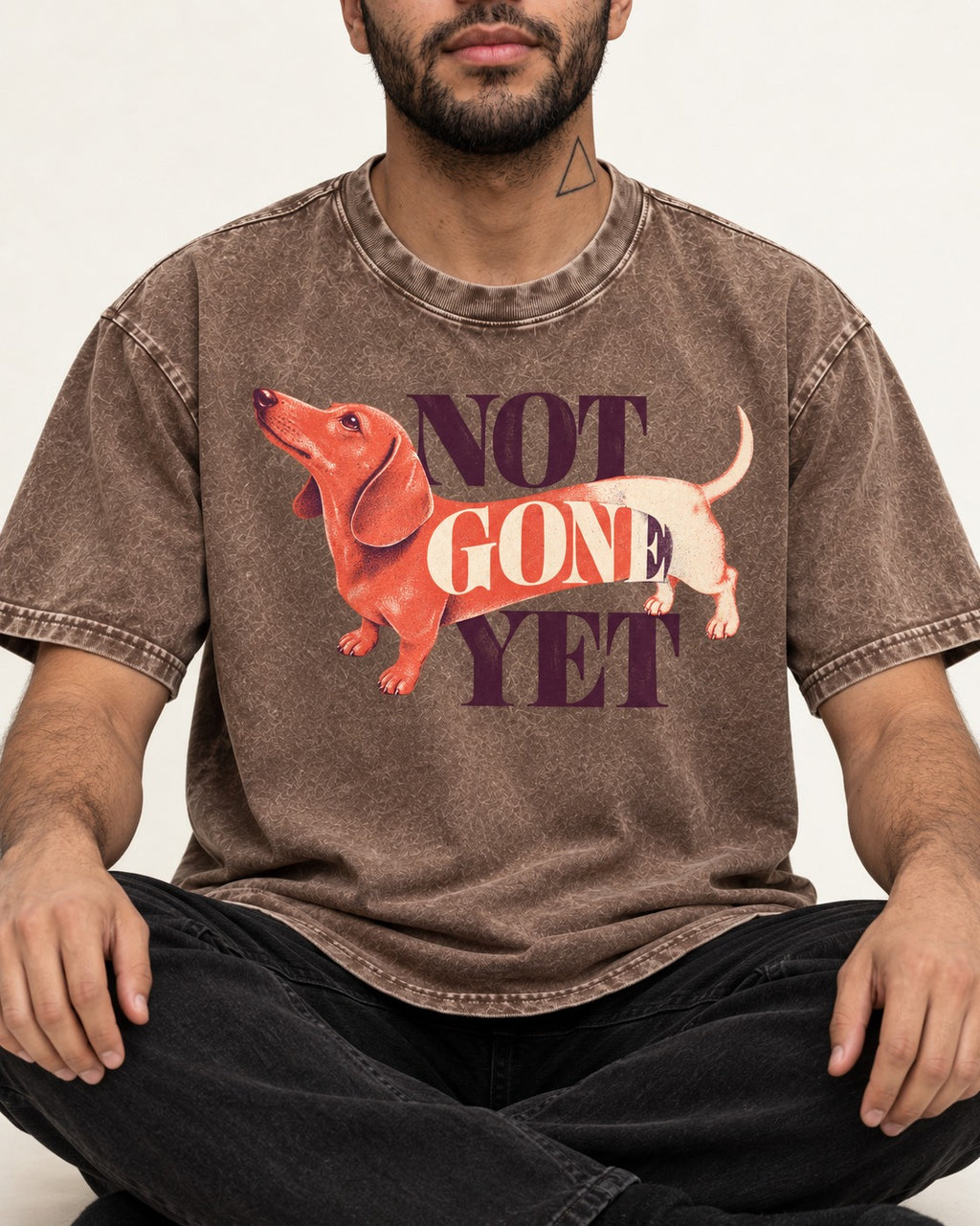 Dachshund Not Gone Yet Washed Tee in Coffee, worn by a seated model