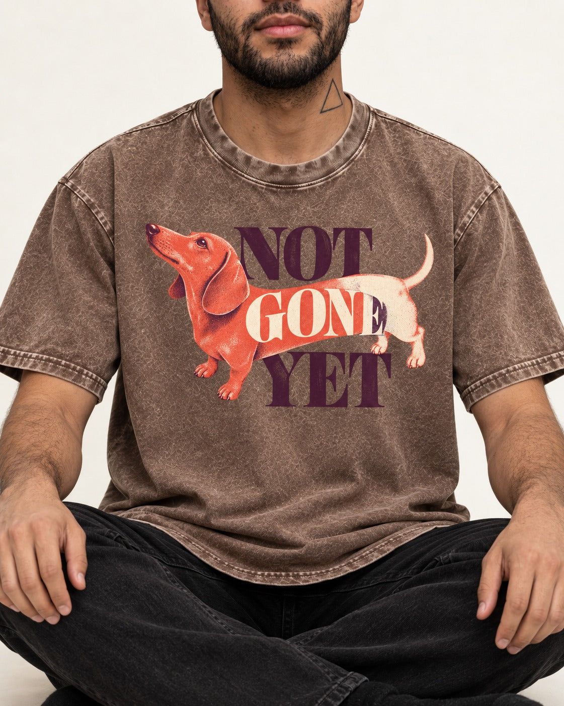 Dachshund Not Gone Yet Washed Tee in Coffee, worn by a seated model