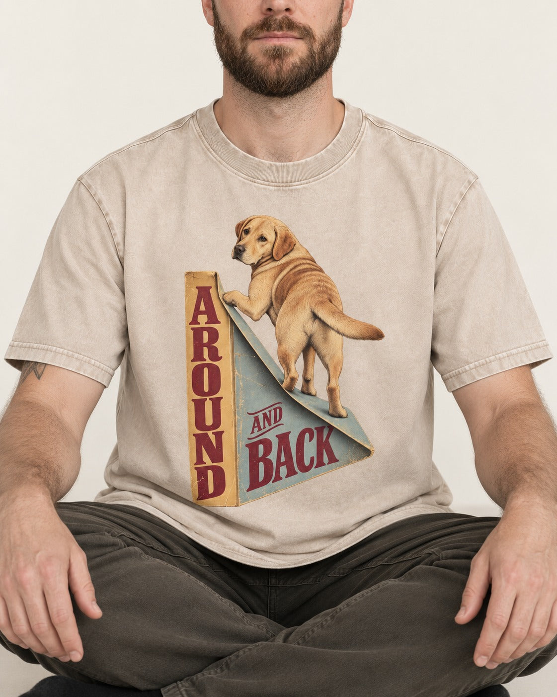 Labrador Retriever Around and Back Washed Tee in Apricot, worn by a seated model
