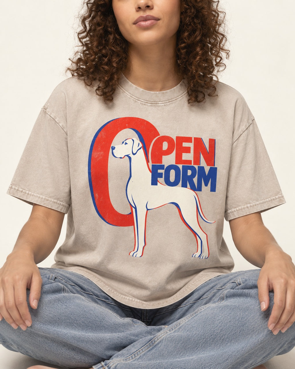 Open Form Great Dane Washed Tee in Apricot, worn by a seated model