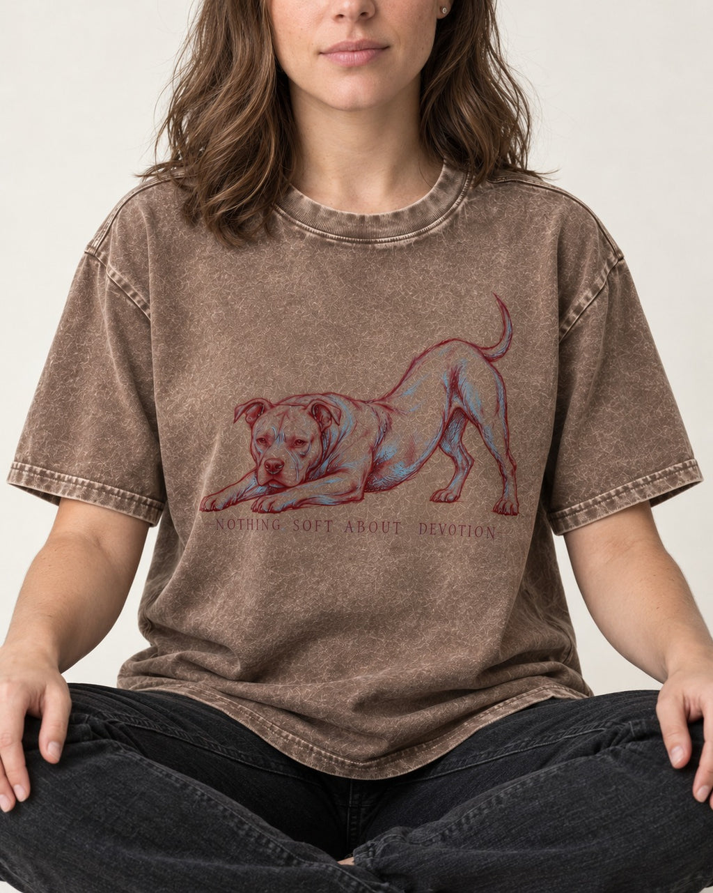 Nothing Soft About Pitbull Devotion Washed Tee in Coffee, worn by a seated model