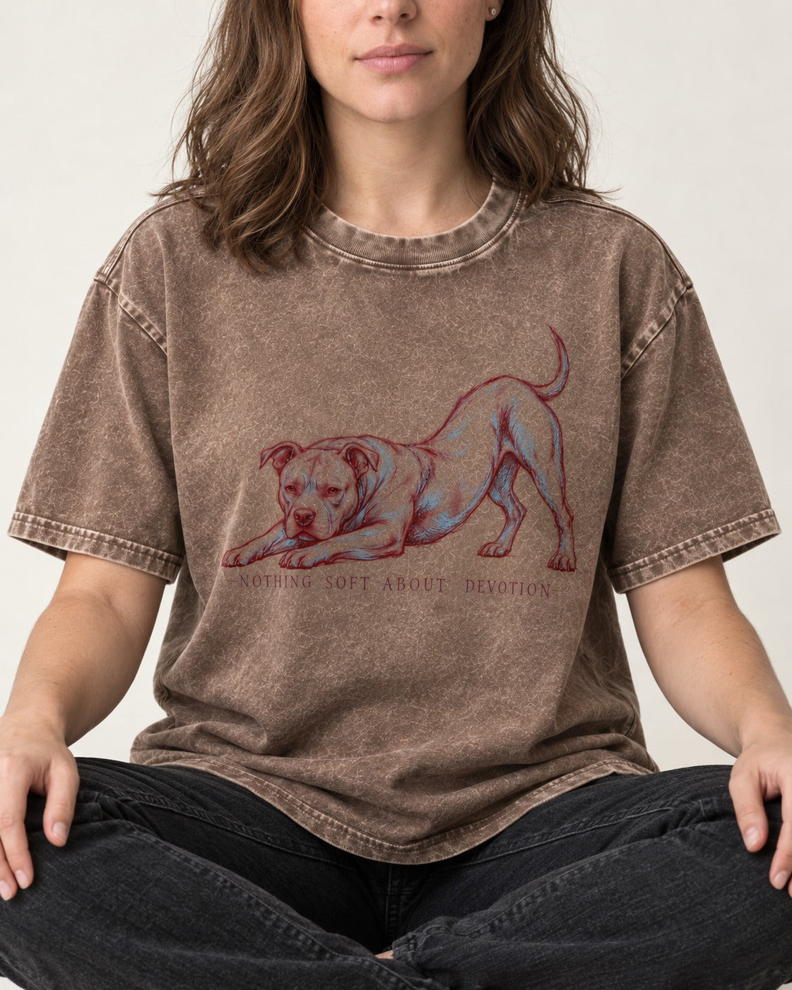 Nothing Soft About Pitbull Devotion Washed Tee in Coffee, worn by a seated model