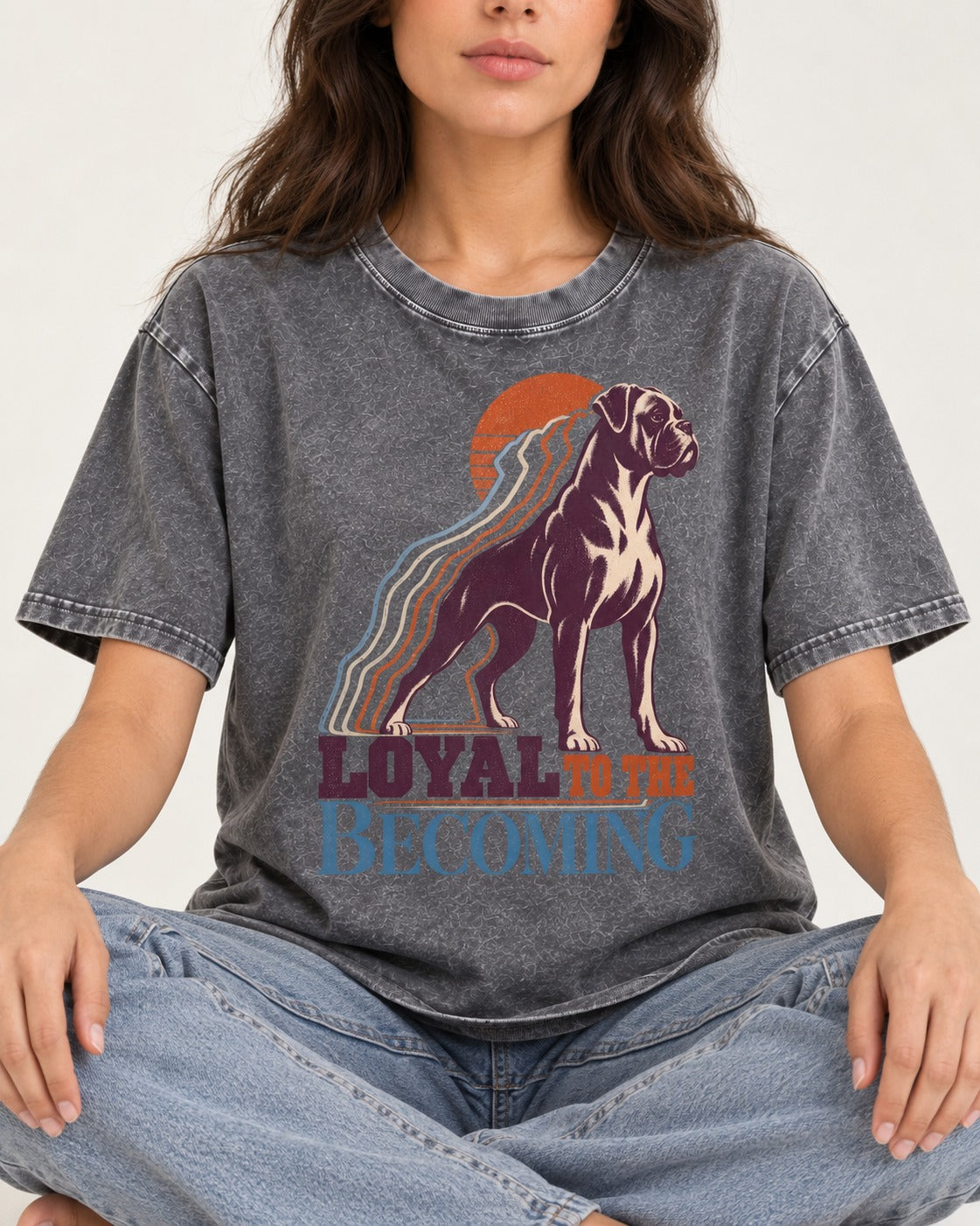 Boxer Loyal to the Becoming Washed Tee in Gray, worn by a seated model