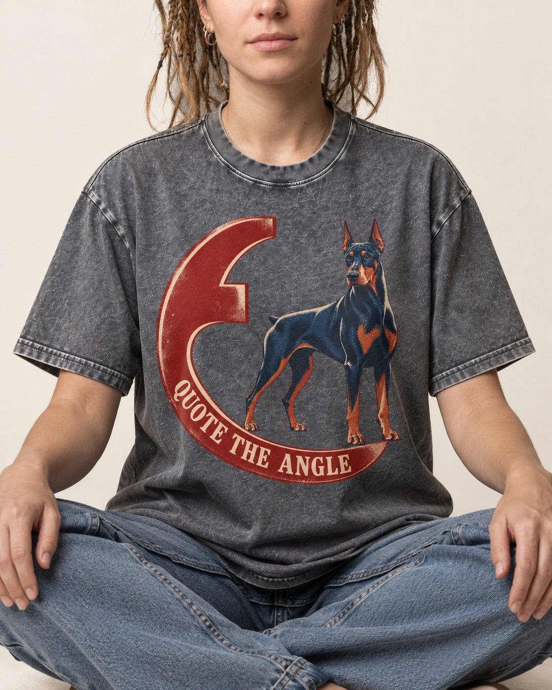 Doberman Quote the Angle Crescent Graphic Washed Tee in Gray, worn by a seated model
