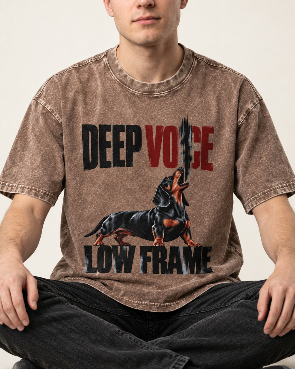 Deep Voice Low Frame Dachshund Washed Tee in Coffee, worn by a seated model