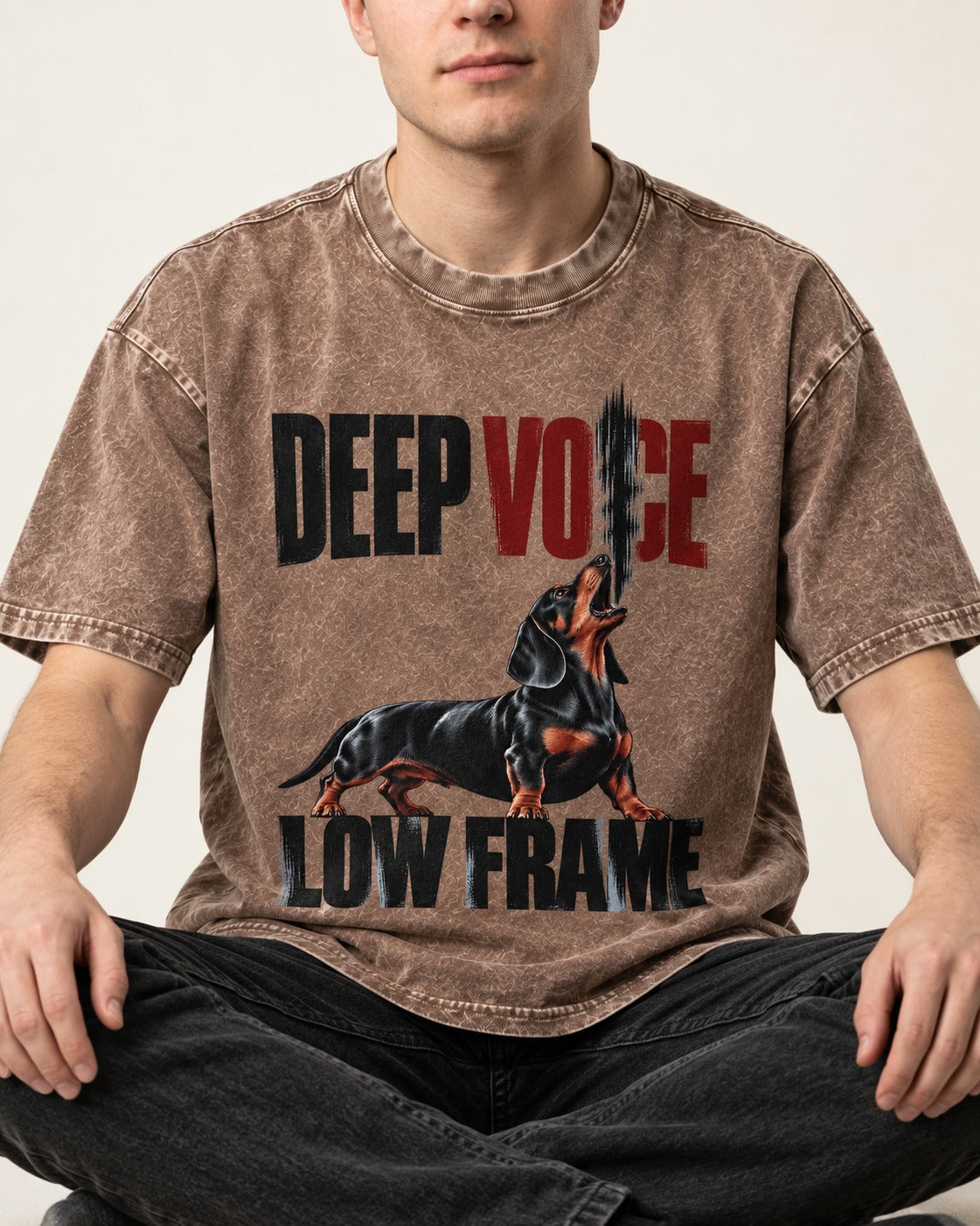 Deep Voice Low Frame Dachshund Washed Tee in Coffee, worn by a seated model