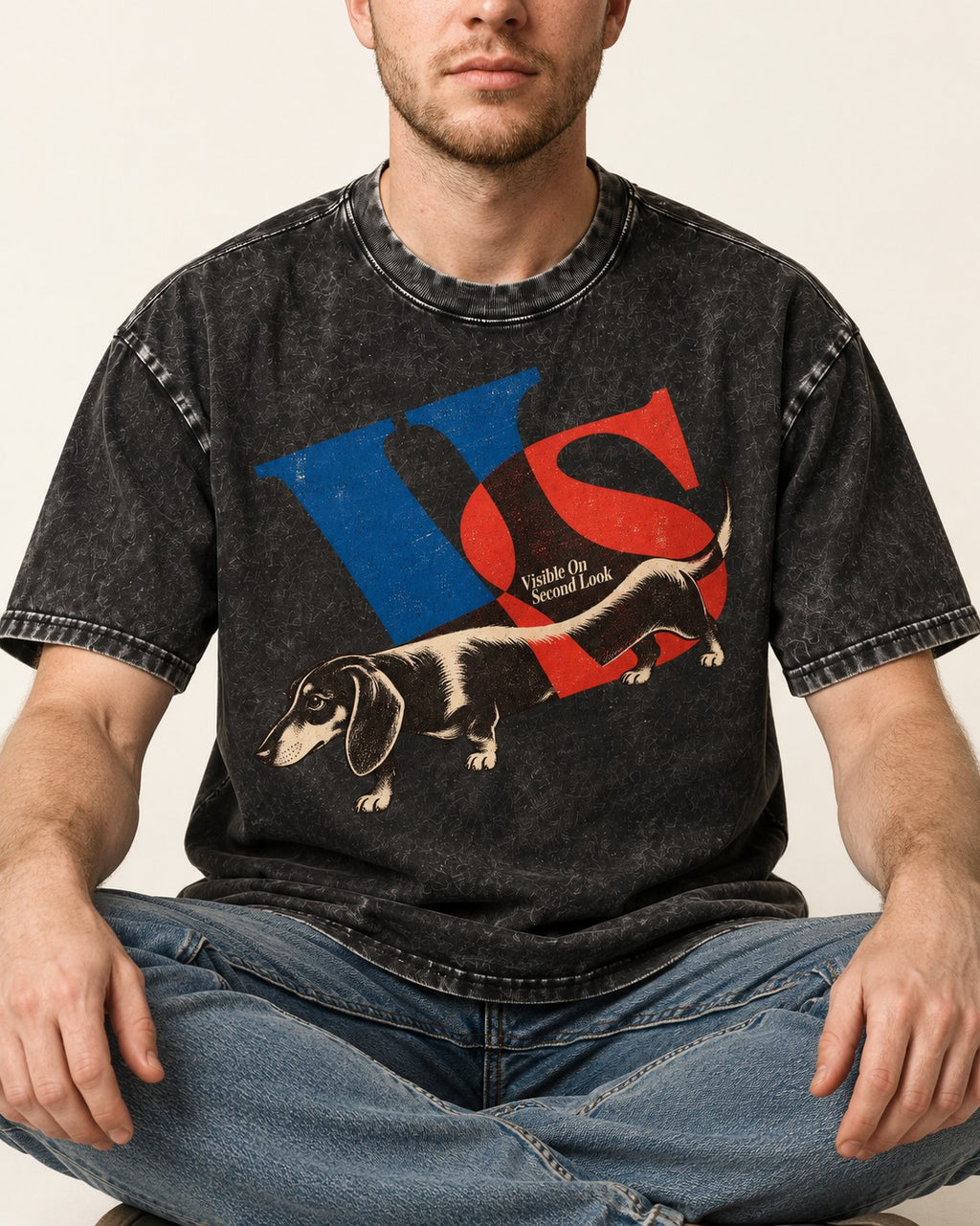 Dachshund VS Visible On Second Look Graphic Washed Tee in Black, worn by a seated model