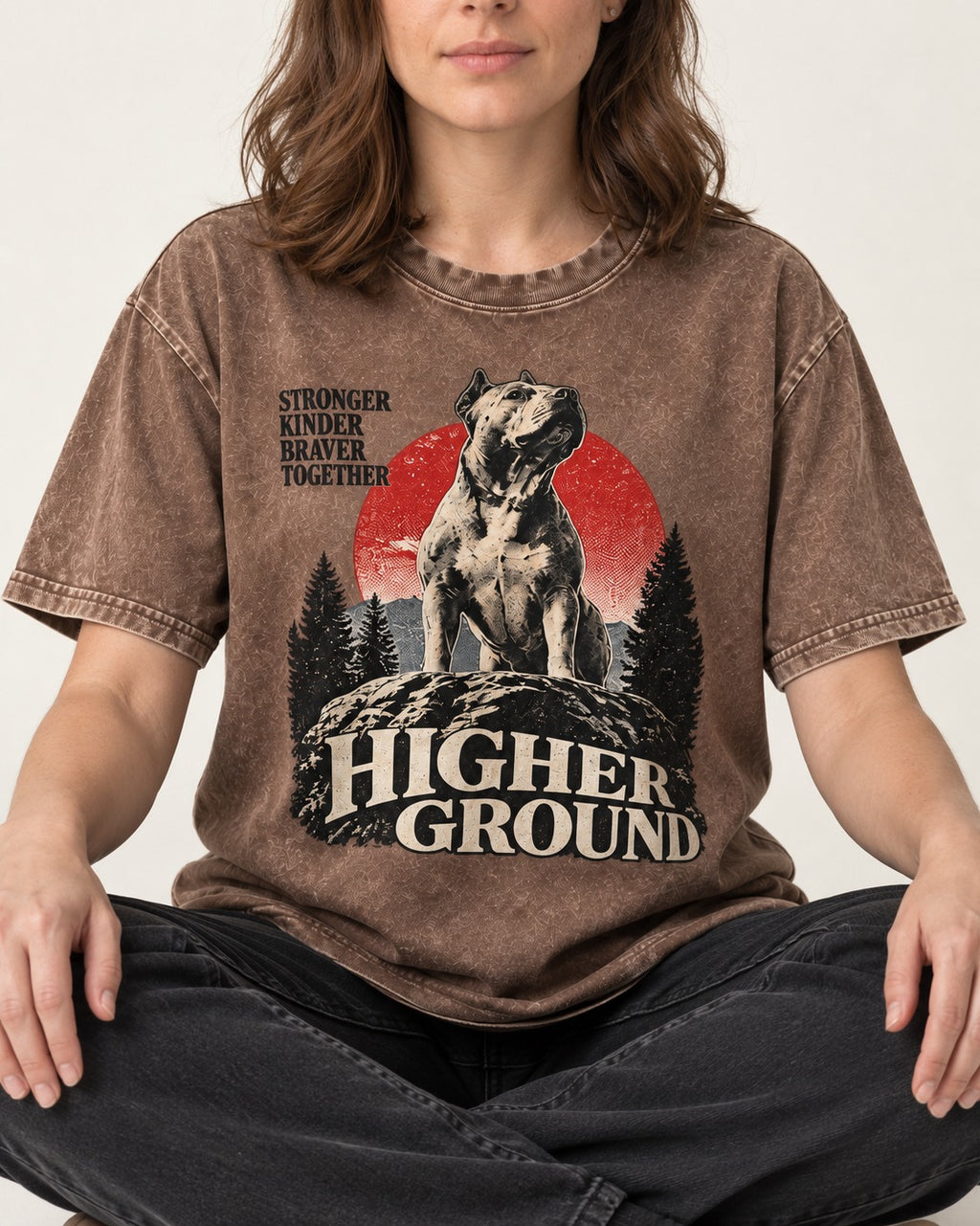Pitbull Higher Ground Washed Tee in Coffee, worn by a seated model
