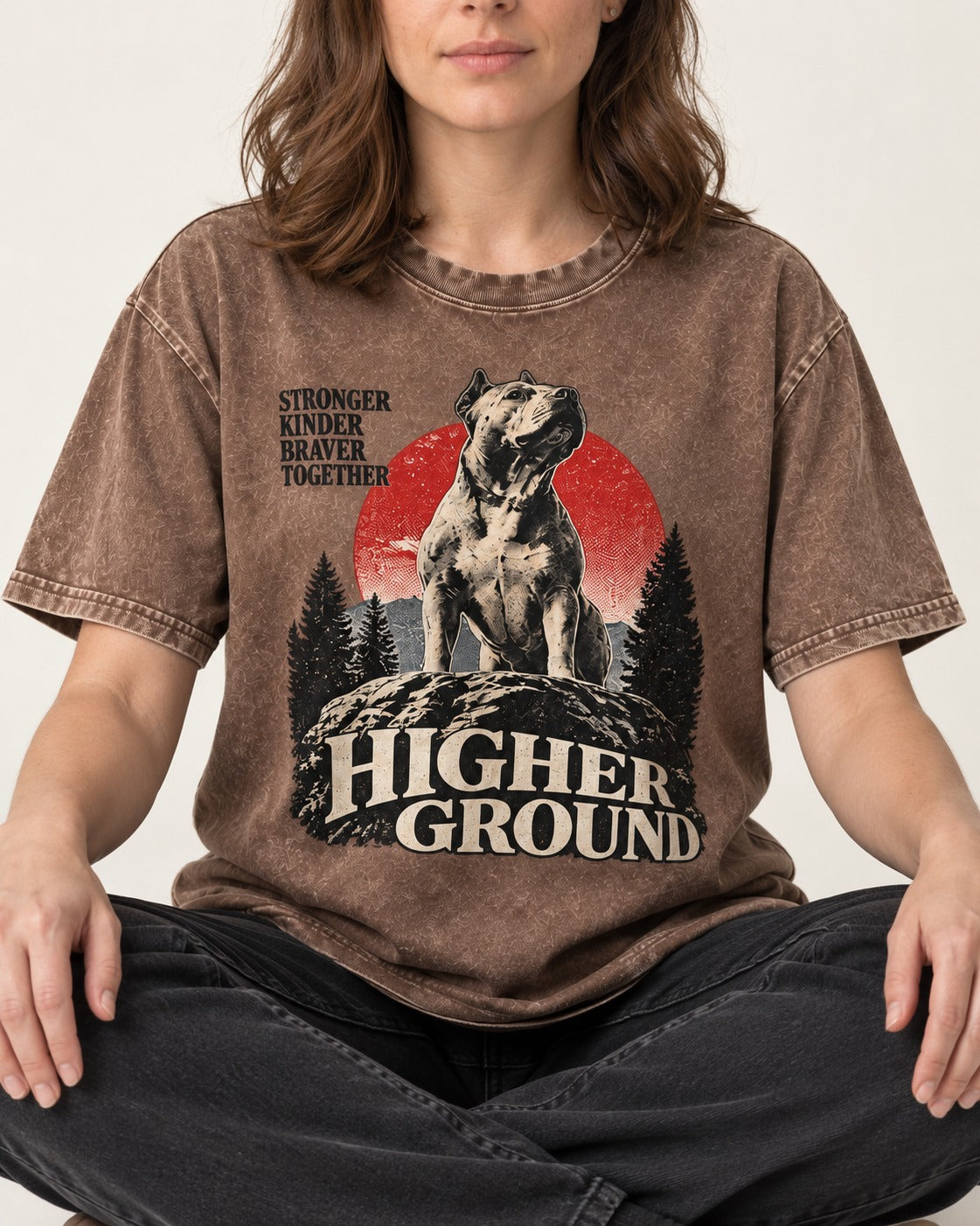 Pitbull Higher Ground Washed Tee in Coffee, worn by a seated model