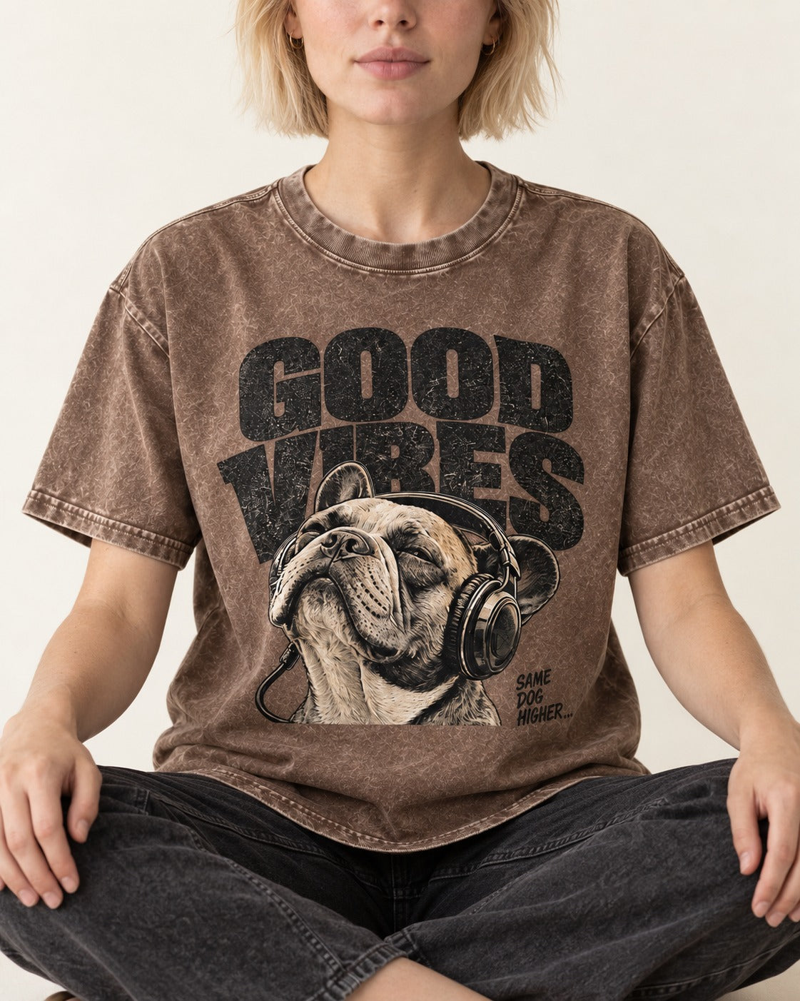 Frenchie Good Vibes Washed Tee in Coffee, worn by a seated model