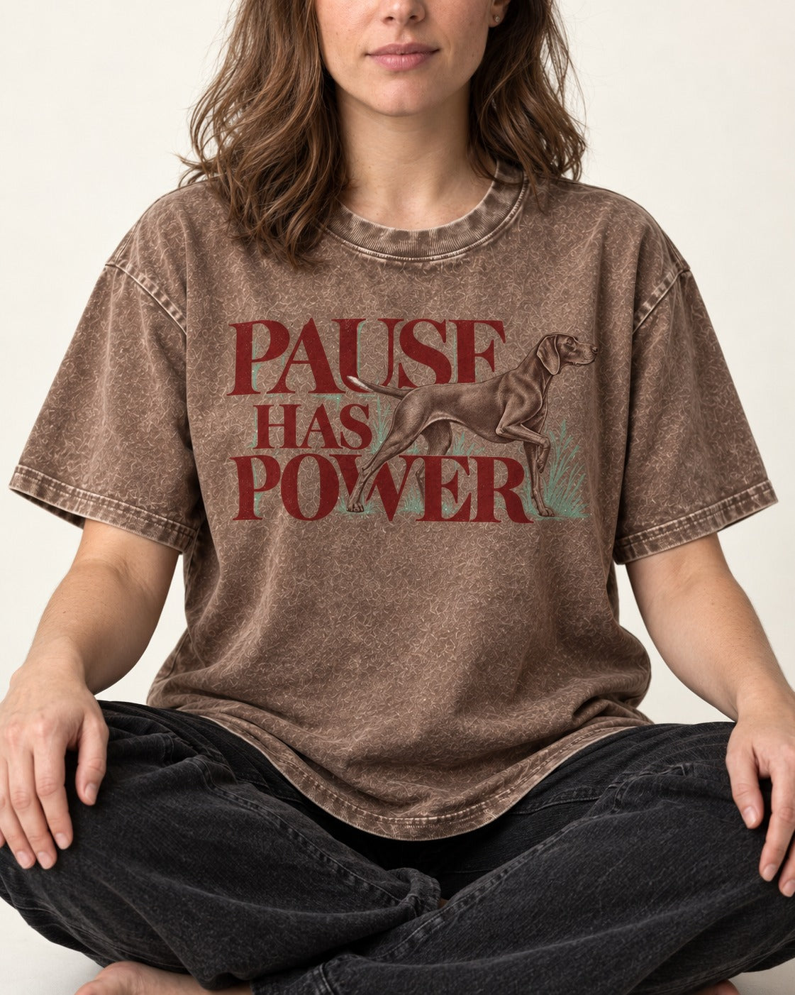 Pause Has Power German Shorthaired Pointer Washed Tee in Coffee, worn by a seated model