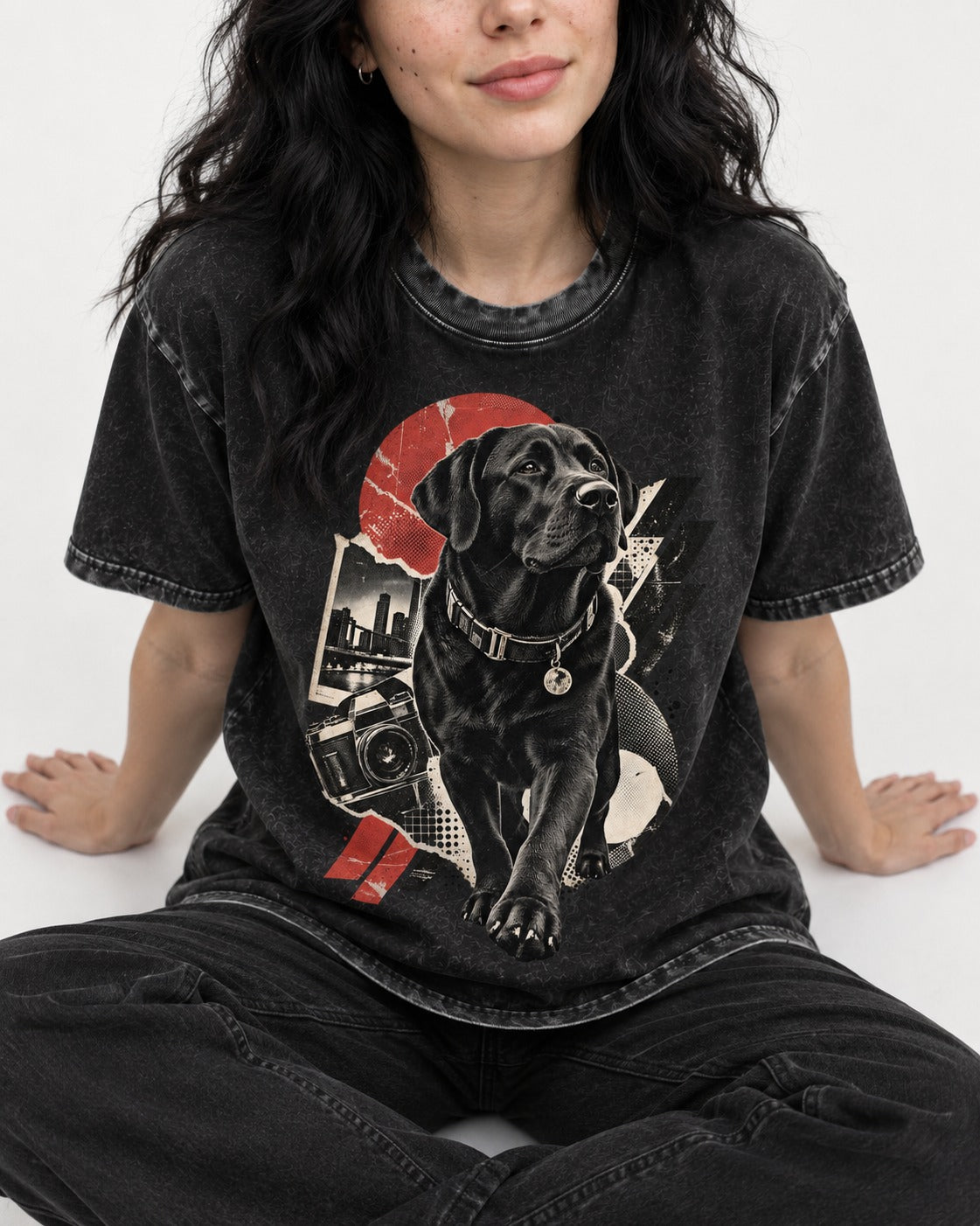 Labrador Retriever Camera City Halftone Collage Graphic Washed Tee in Black, worn by a seated model