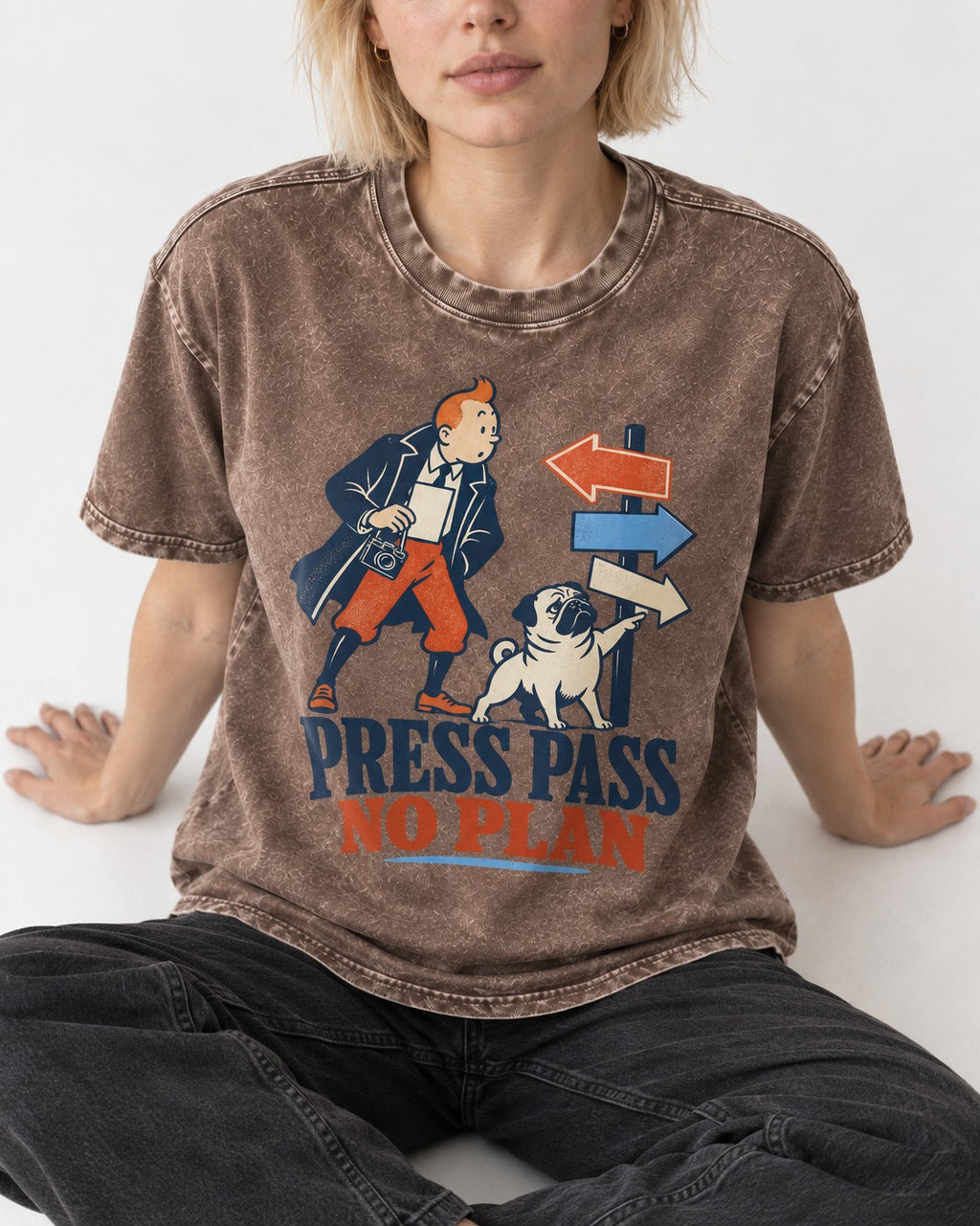 Pug Press Pass No Plan Washed Tee in Coffee, worn by a seated model