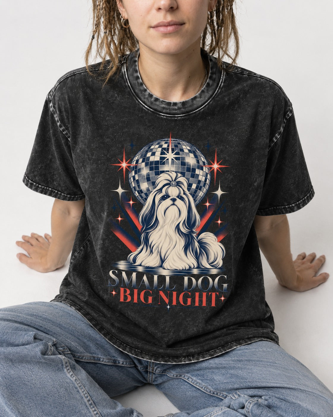 Shih Tzu Small Dog Big Night Disco Graphic Washed Tee in Black, worn by a seated model