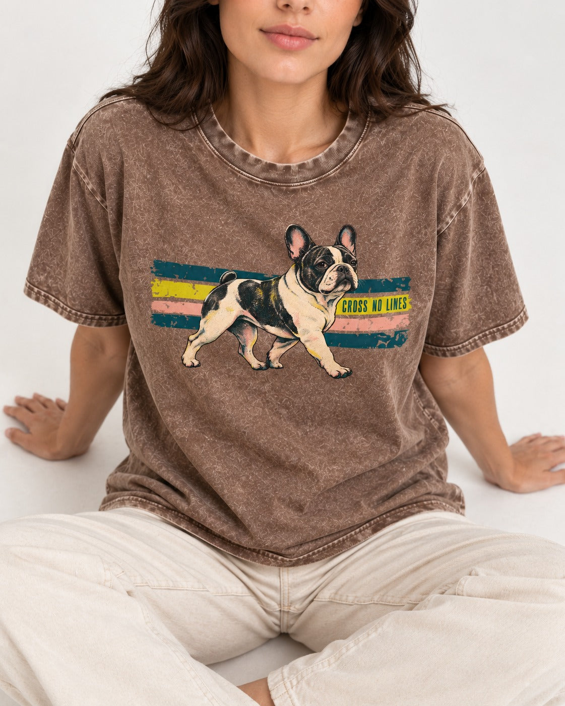 Frenchie Cross No Lines Washed Tee in Coffee, worn by a seated model