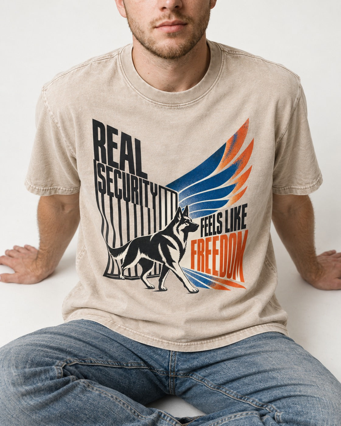 German Shepherd Dog Feels Like Freedom Washed Tee in Apricot, worn by a seated model