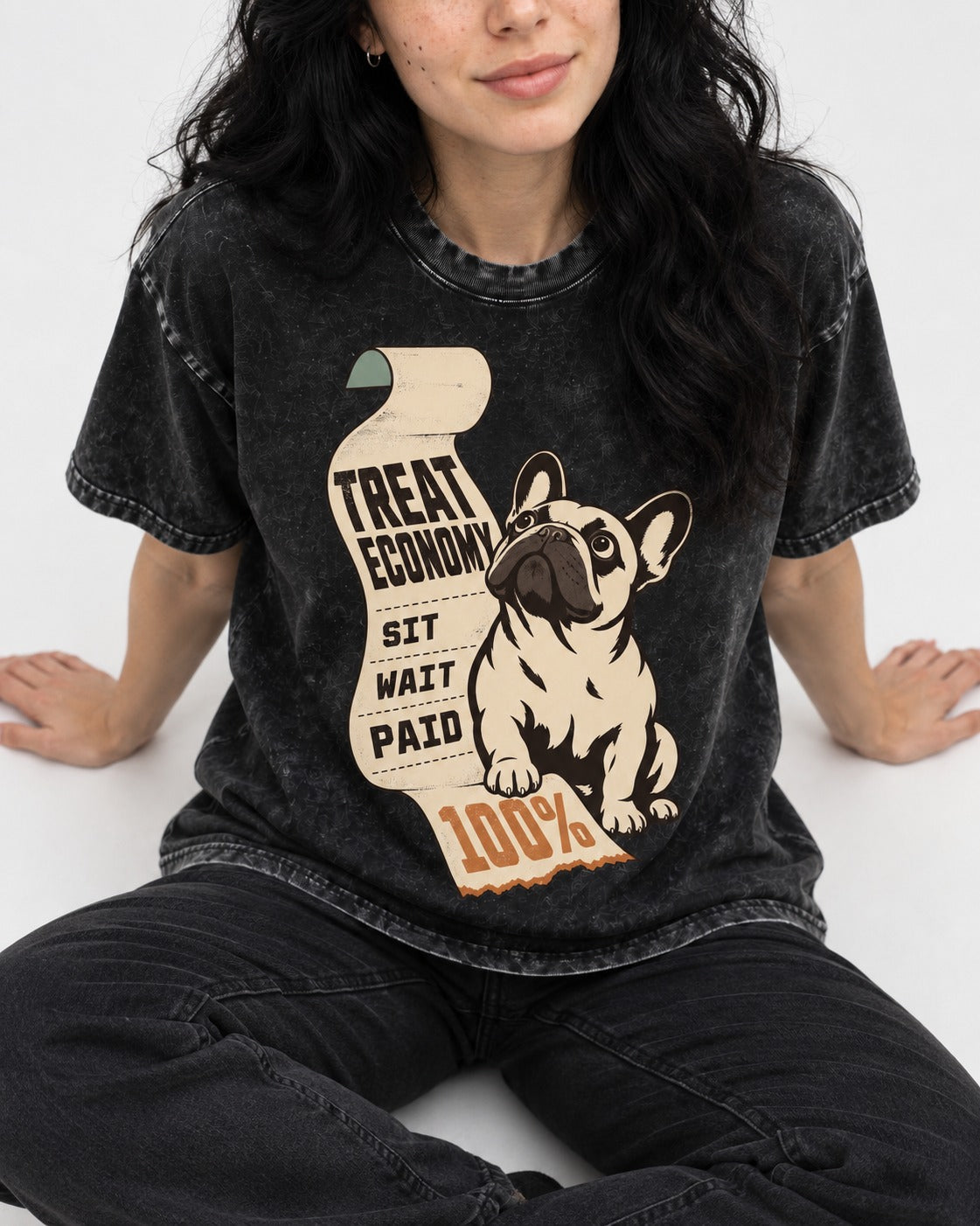 Frenchie Treat Economy Sit Wait Paid Receipt Graphic Washed Tee in Black, worn by a seated model