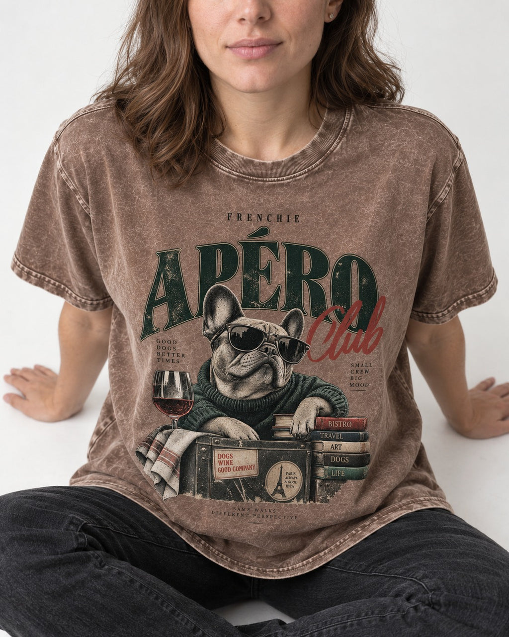 Frenchie Apero Club Washed Tee in Coffee, worn by a seated model