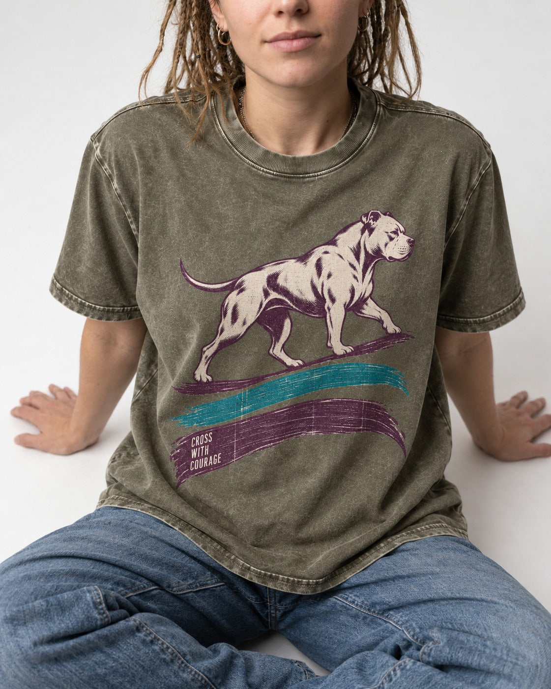 Pitbull Cross with Courage Brushstroke Graphic Washed Tee in Army Green, worn by a seated model