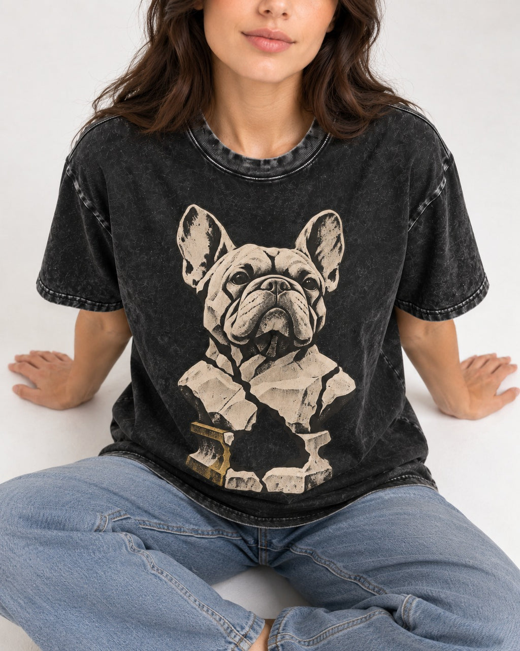 Frenchie Fractured Stone Bust Graphic Washed Tee in Black, worn by a seated model