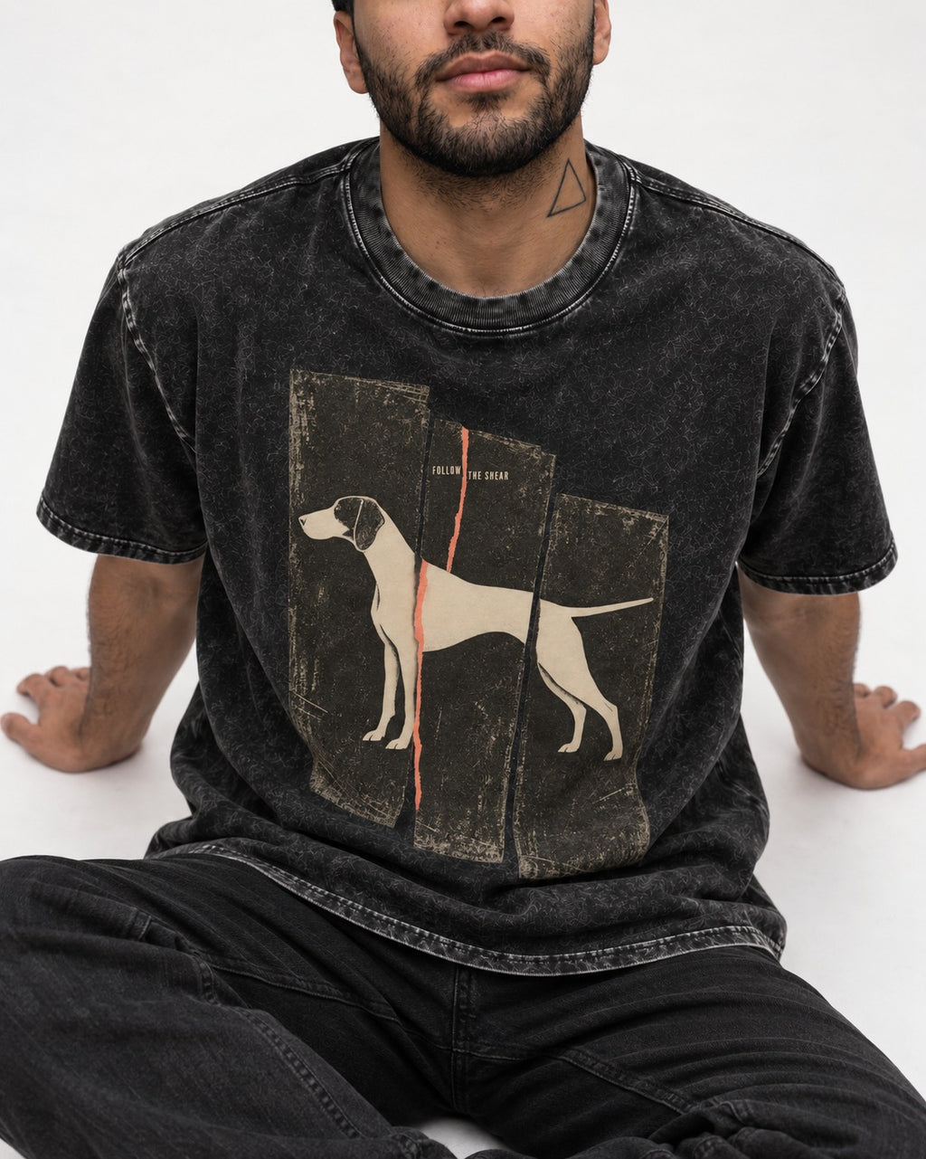 German Shorthaired Pointer Follow The Shear Split Panel Graphic Washed Tee in Black, worn by a seated model
