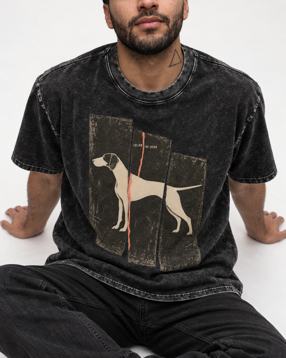 German Shorthaired Pointer Follow The Shear Split Panel Graphic Washed Tee in Black, worn by a seated model