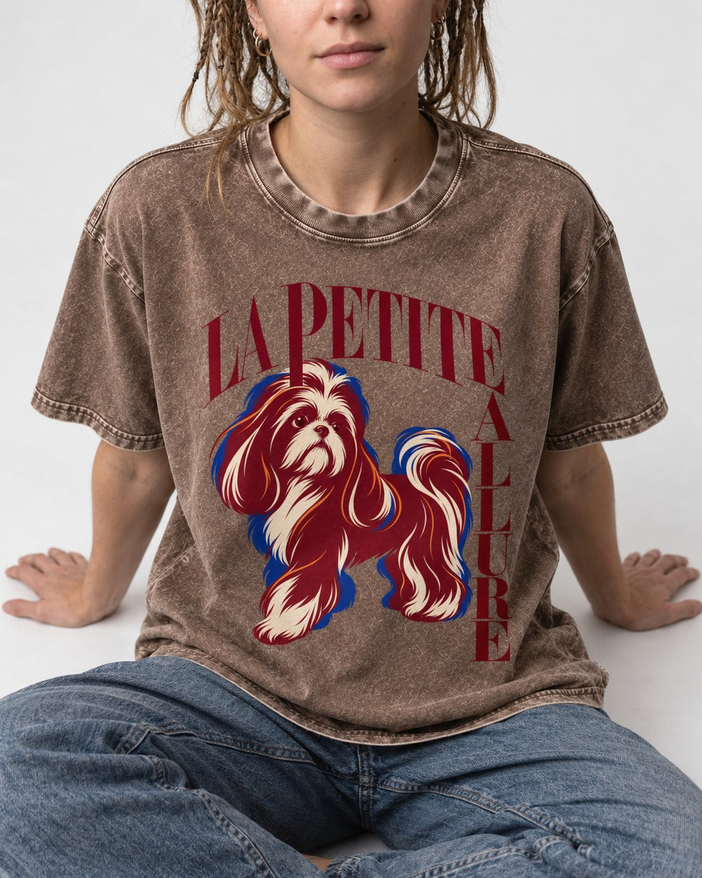 La Petite Allure Shih Tzu Washed Tee in Coffee, worn by a seated model