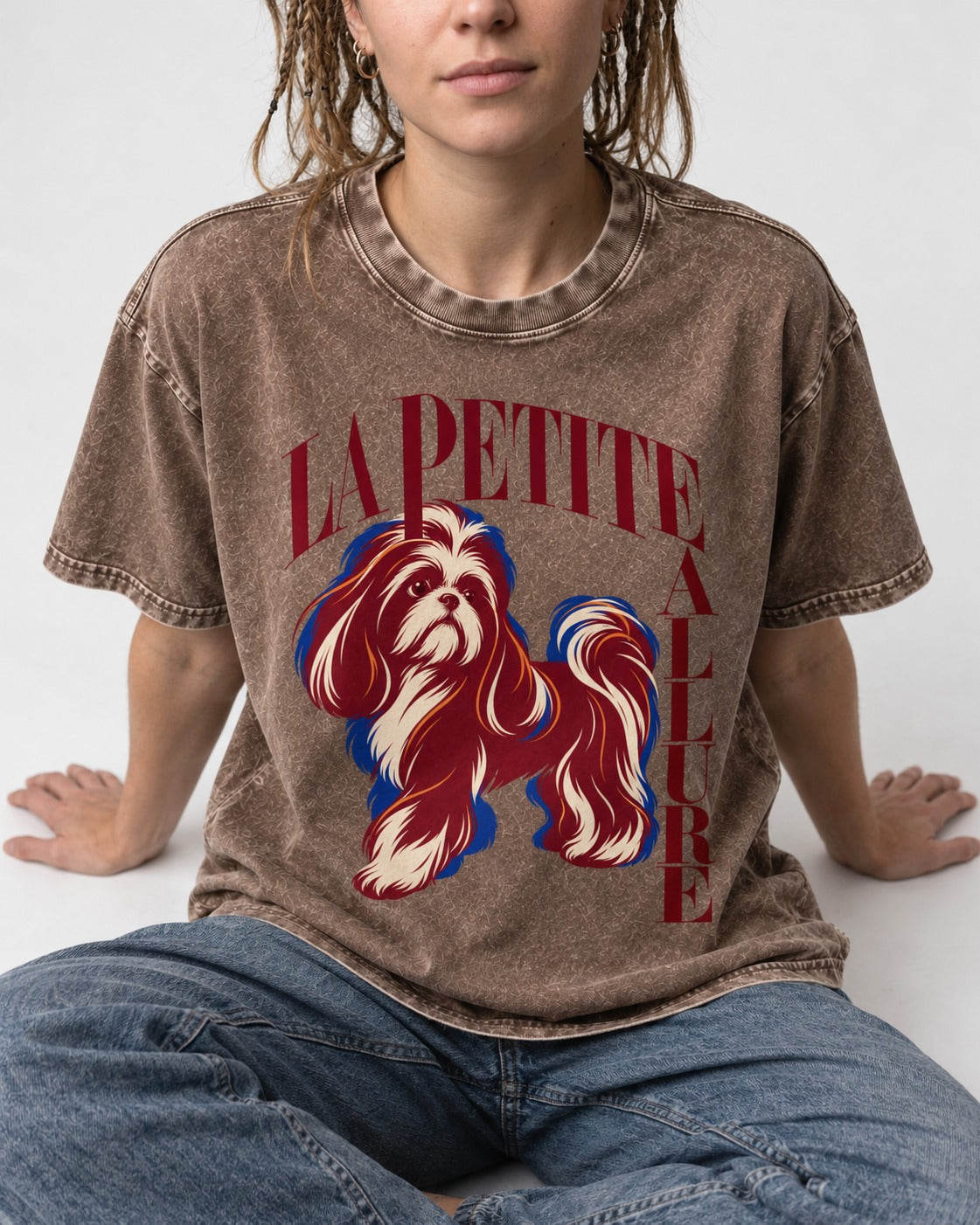 La Petite Allure Shih Tzu Washed Tee in Coffee, worn by a seated model