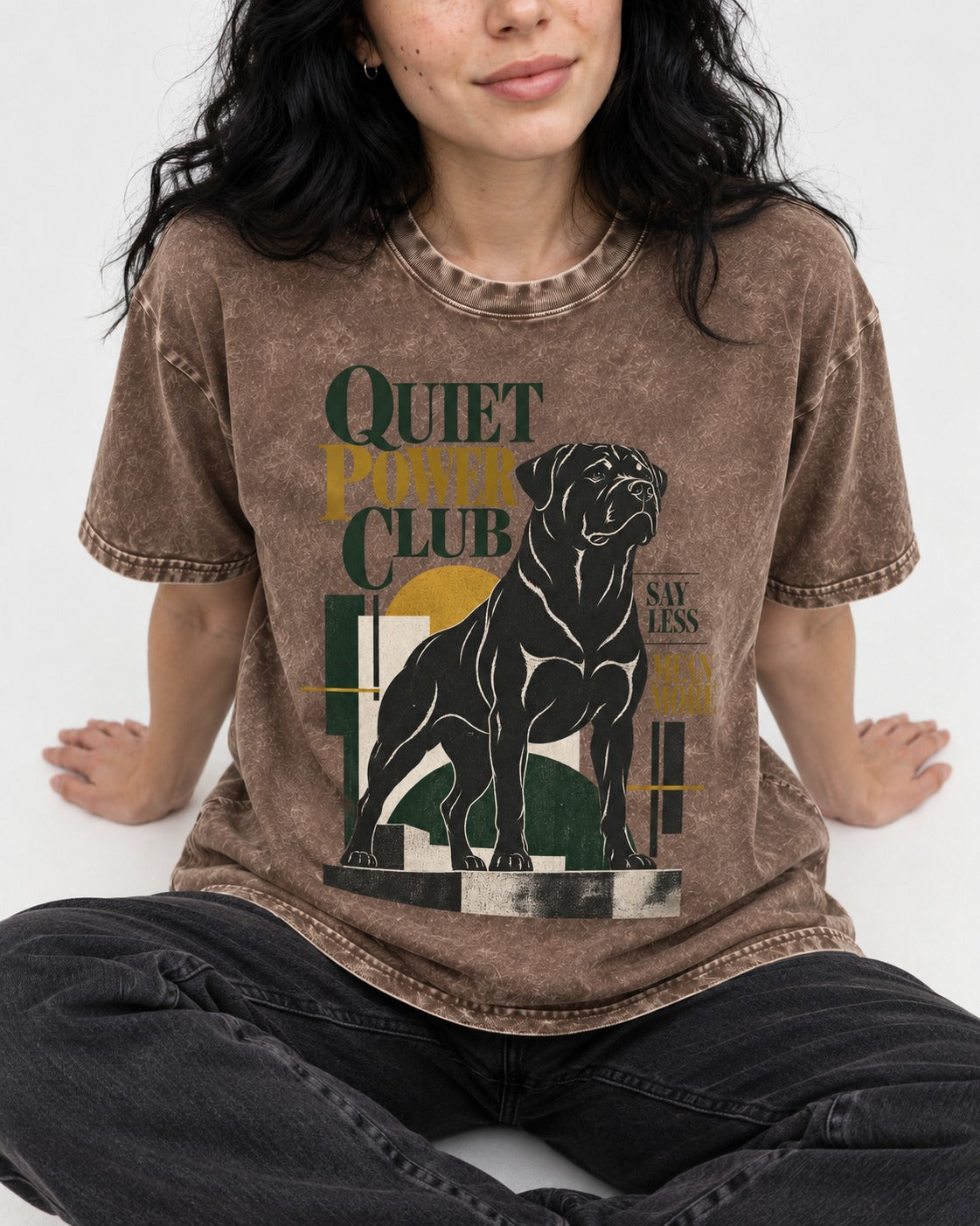 Rottweiler Quiet Power Club Washed Tee in Coffee, worn by a seated model