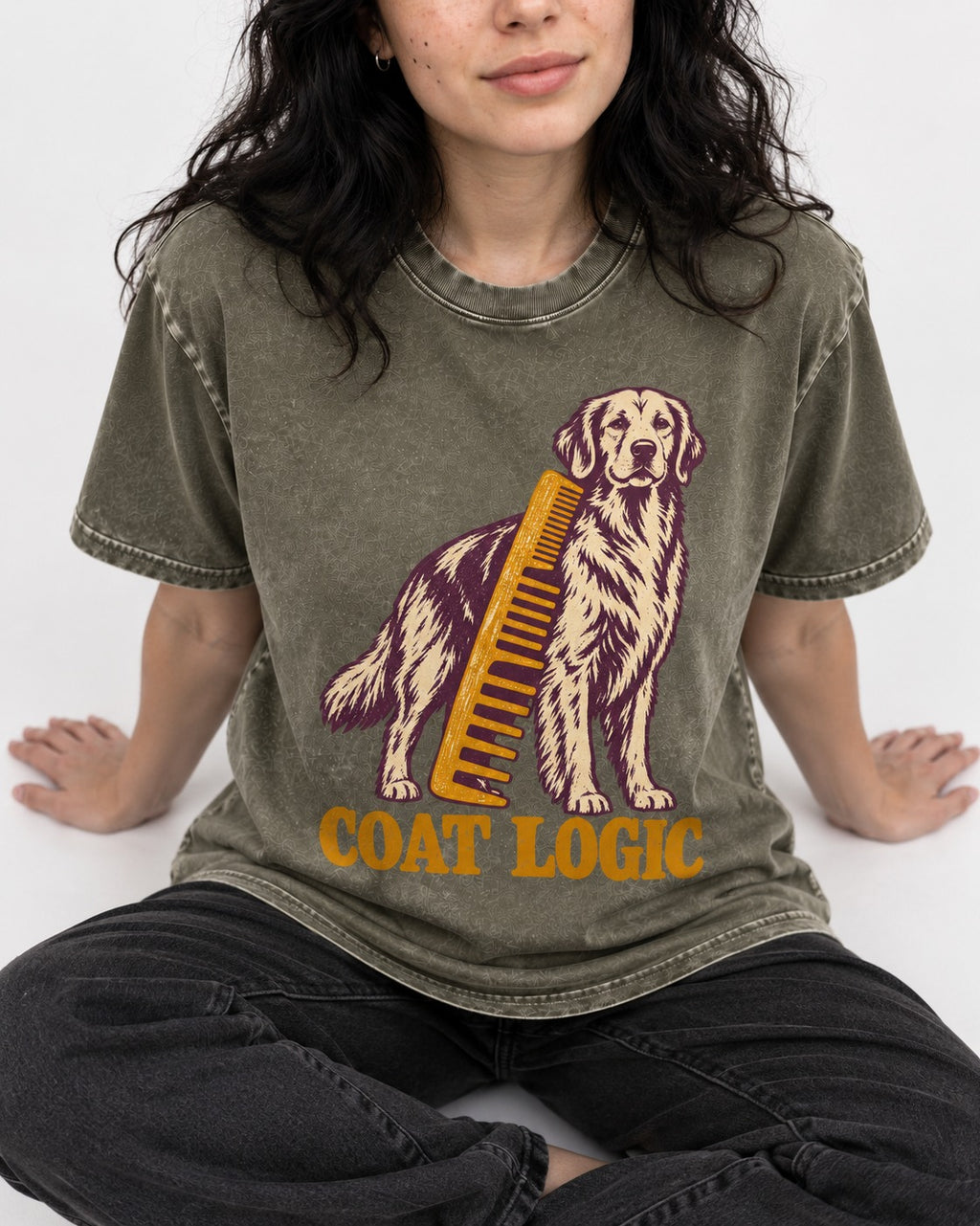 Golden Retriever Coat Logic Grooming Gauge Graphic Washed Tee in Army Green, worn by a seated model