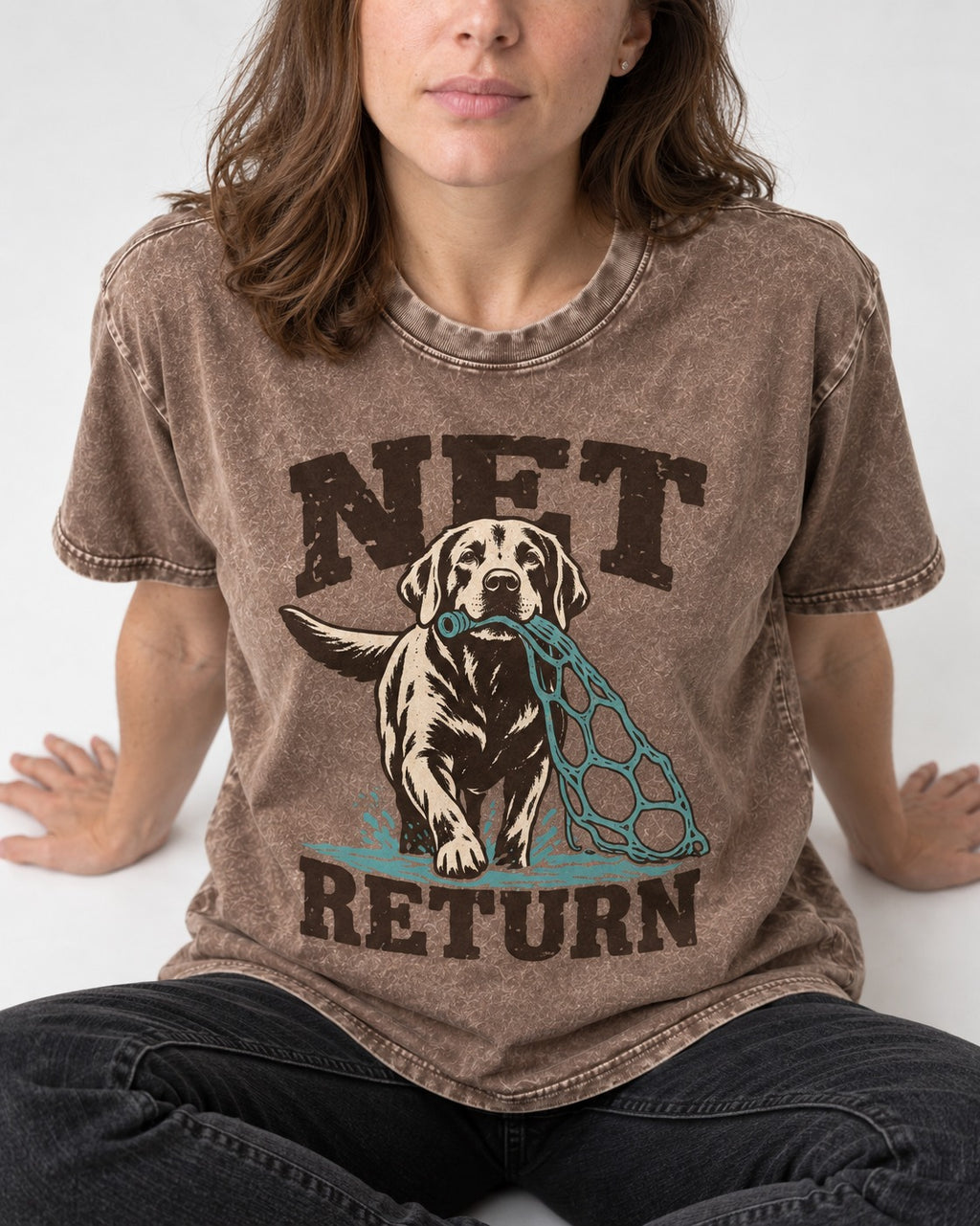Net Return Labrador Retriever Washed Tee in Coffee, worn by a seated model