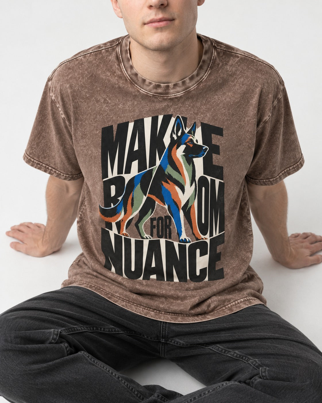 Make Room for Nuance German Shepherd Dog Washed Tee in Coffee, worn by a seated model