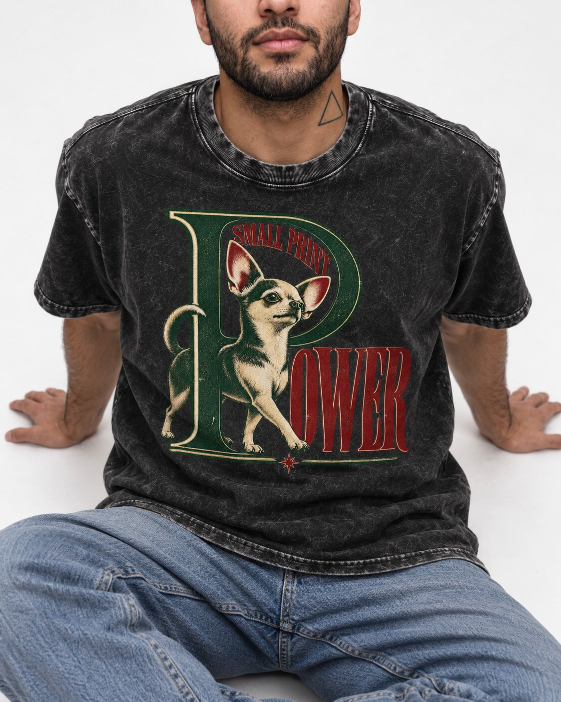 Chihuahua Small Print Power Monogram Graphic Washed Tee in Black, worn by a seated model
